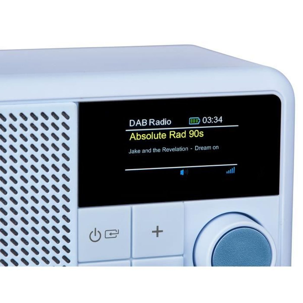 A light blue DAB radio displays "Absolute Rad 90s" and the time. Buttons below include power and volume controls.