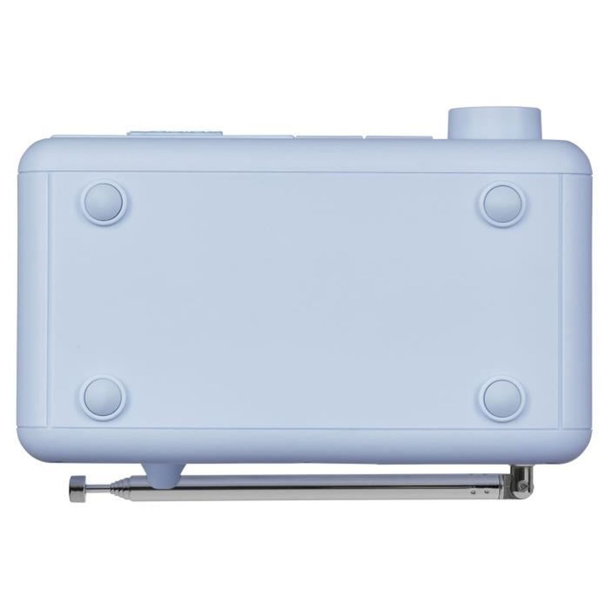 A light blue retro radio. It has a retractable antenna and four feet. There is a cylindrical knob on the top right corner.