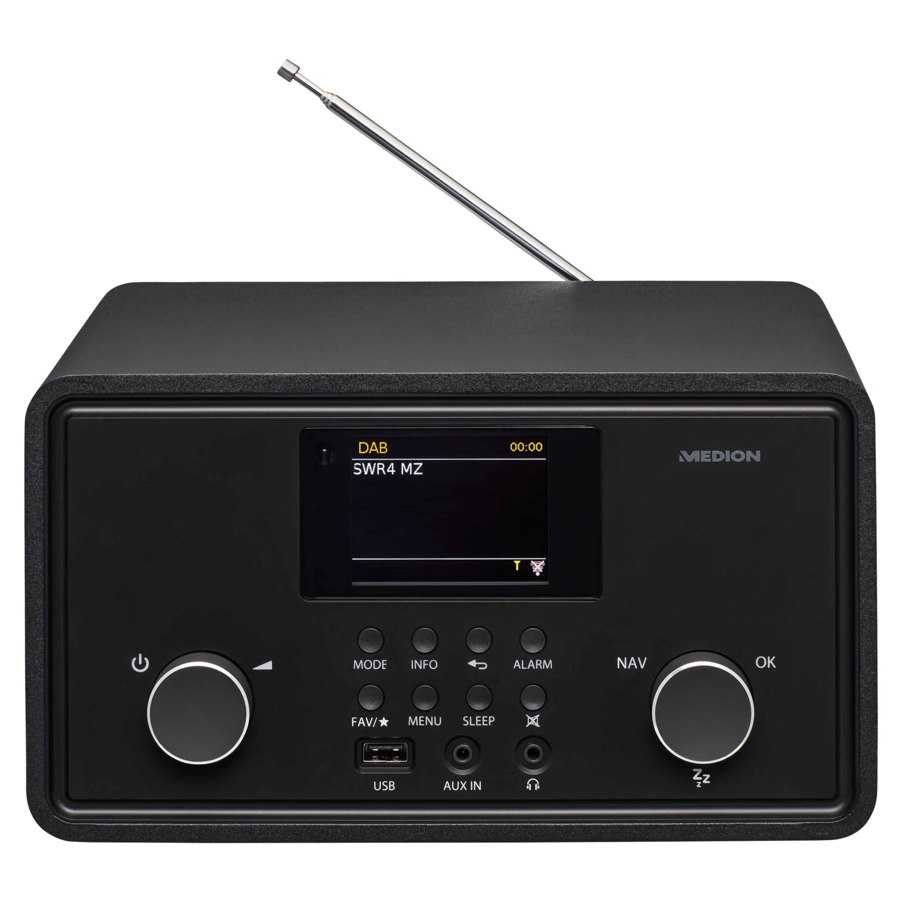 Czarny radioodbiornik DAB z ekranem wyświetlającym tekst. Posiada przyciski i srebrną antenę. Marka to MEDION.