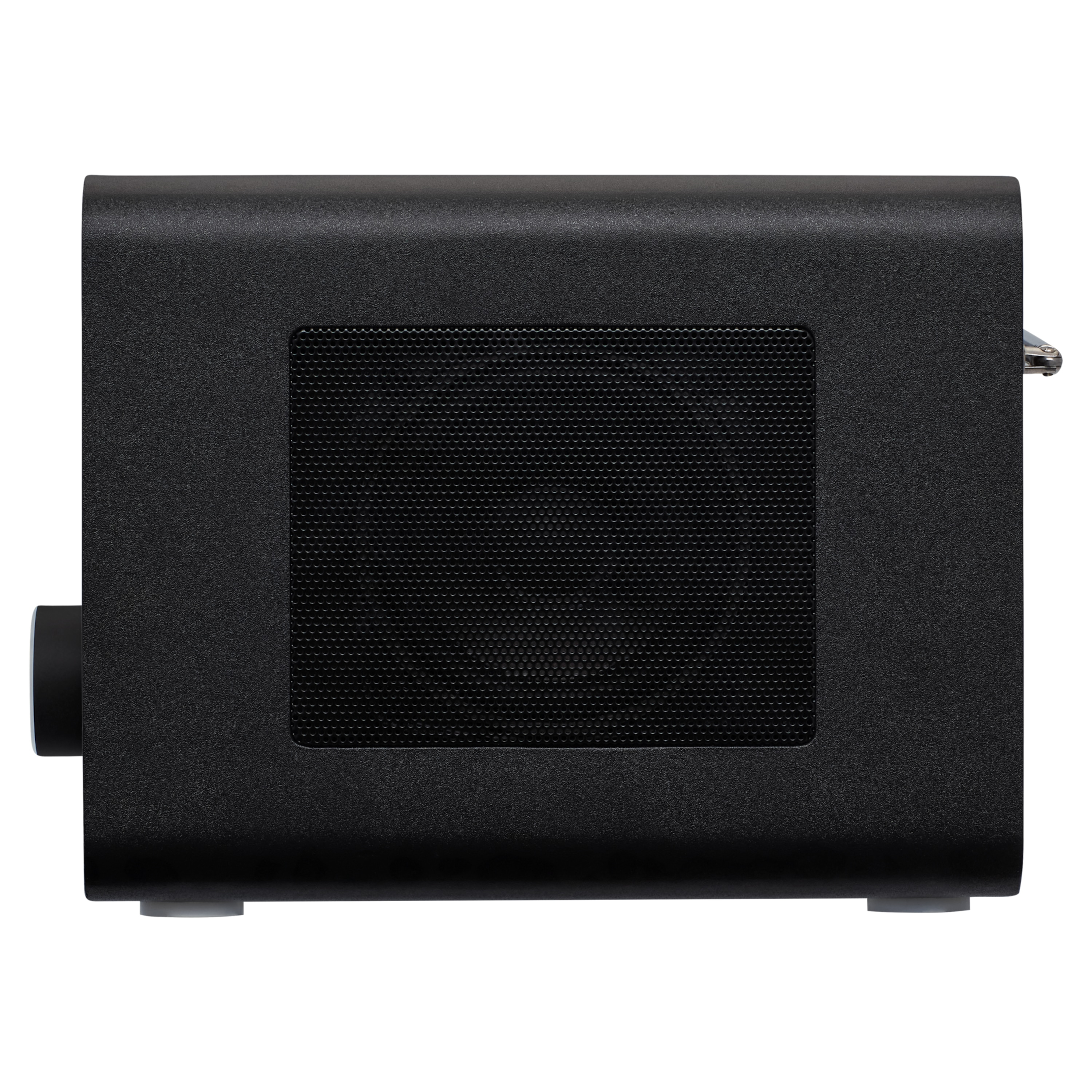 Czarny prostokątny sprzęt z siatkowym przodem. Ma pokrętło po lewej stronie i srebrny uchwyt po prawej.