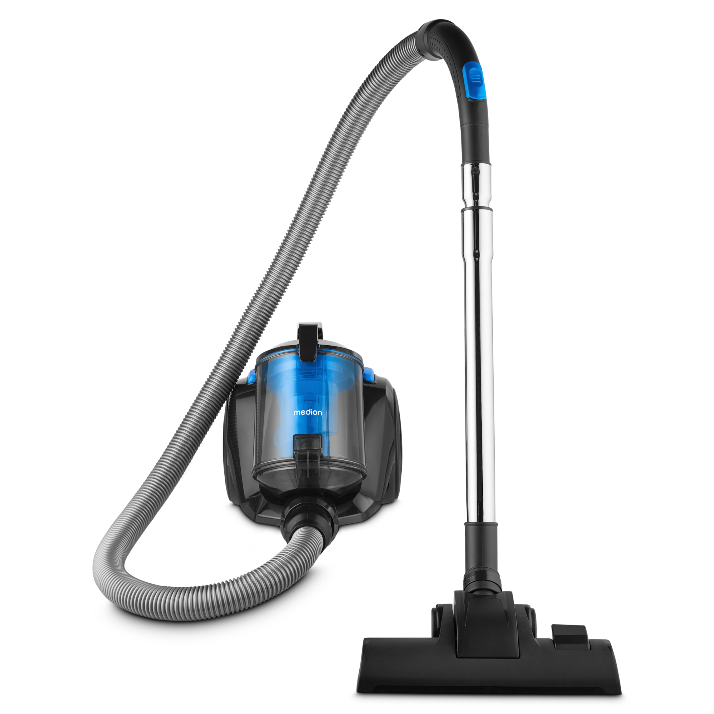 Ein Staubsauger mit silbernem Schlauch und schwarzem Gehäuse, blaue Akzente, auf weißem Hintergrund.