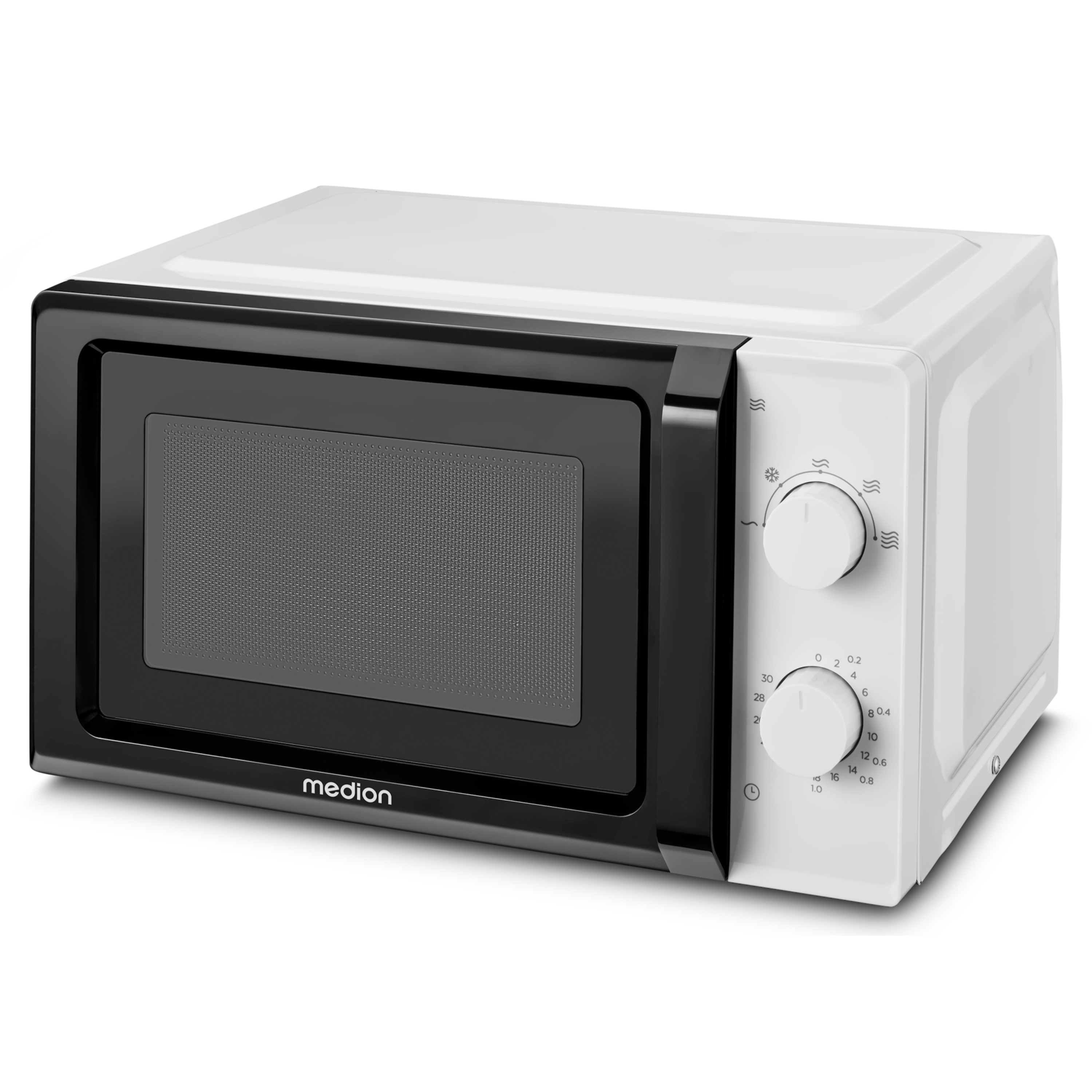 Biało-czarna kuchenka mikrofalowa. Ma czarne drzwi i pokrętła po prawej stronie.