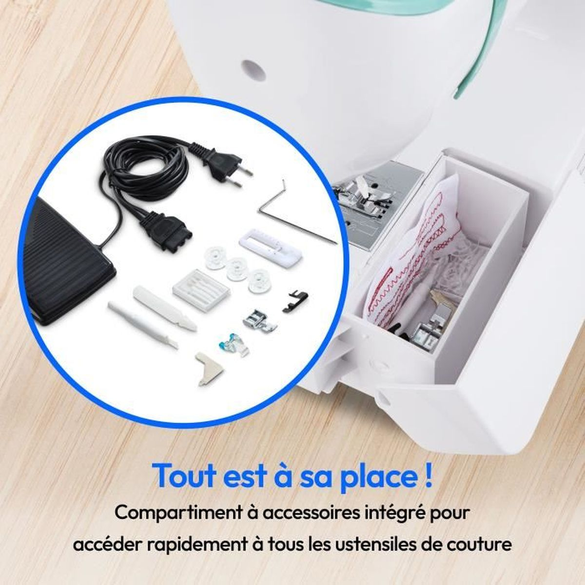 Maszyna do szycia z szufladą pełną akcesoriów. Okrąg pokazuje dodatkowe narzędzia. Tekst mówi, że wszystko jest na swoim miejscu.