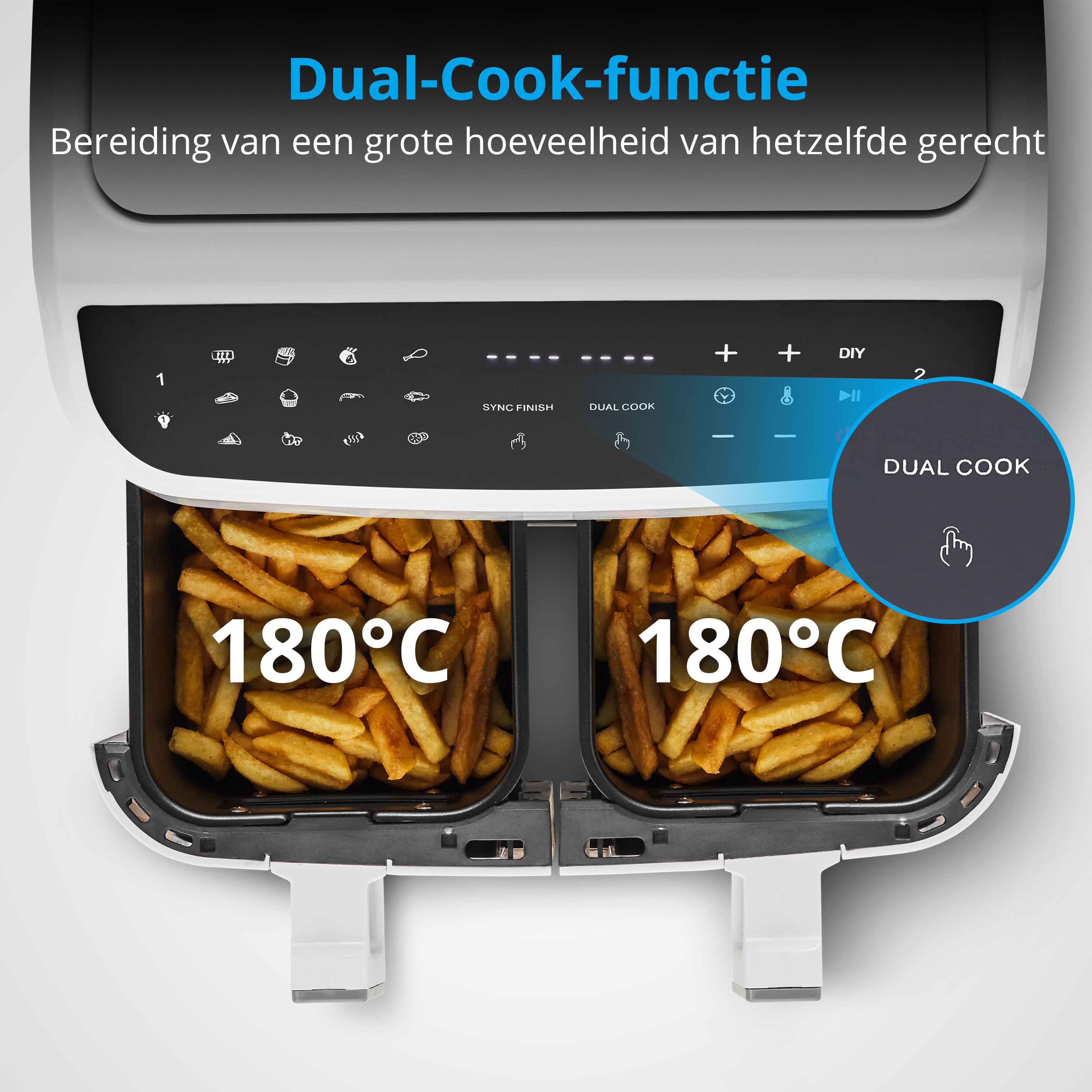 Frytownica powietrzna z frytkami w obu przegrodach, ustawiona na 180°C. Funkcja podwójnego gotowania.
