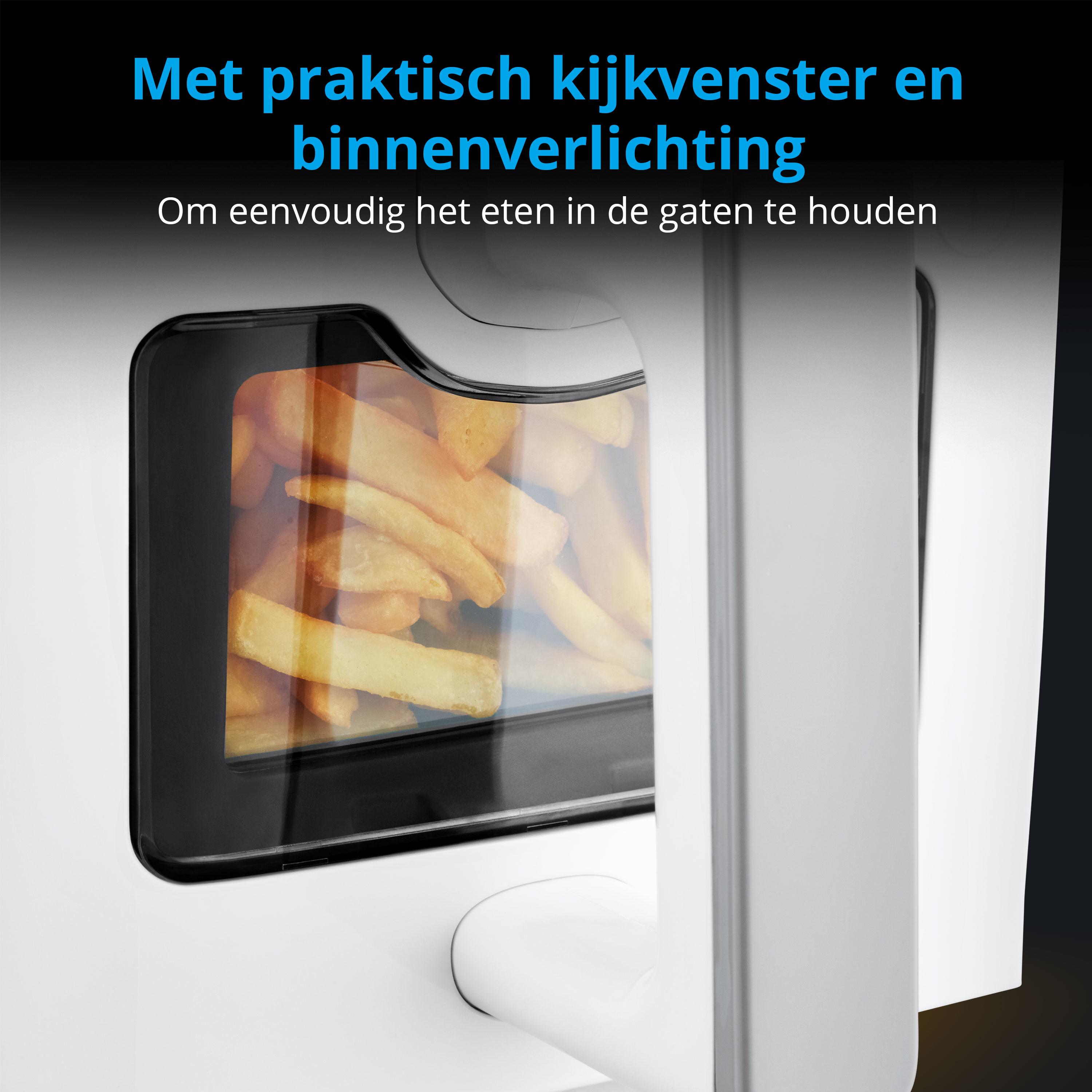 Urządzenie z oknem pokazującym frytki. Tekst: 'Z praktycznym oknem i wewnętrznym oświetleniem'.