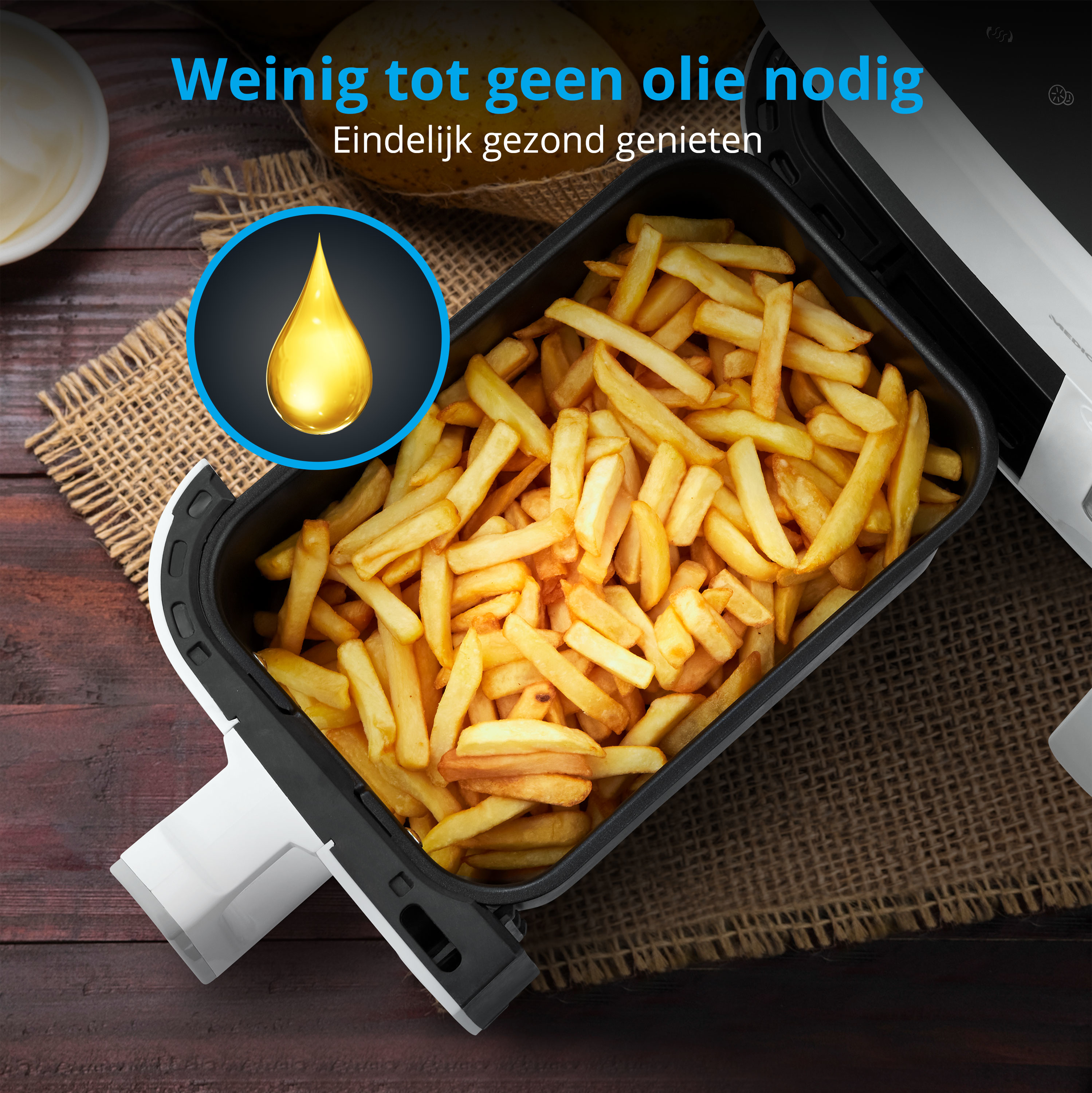 Frytkownica powietrzna z frytkami. Pokazana jest kropla oleju. Tekst: 'Mało lub wcale oleju'.