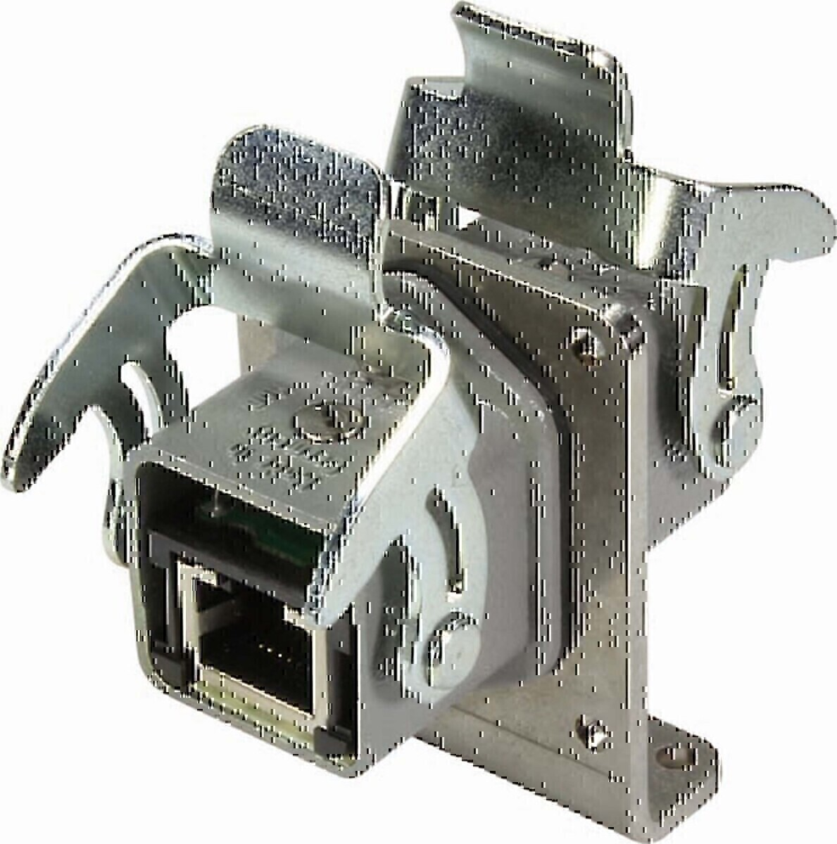 Un connettore metallico con apertura rettangolare. Ha più parti metalliche con forme curve e angolari.
