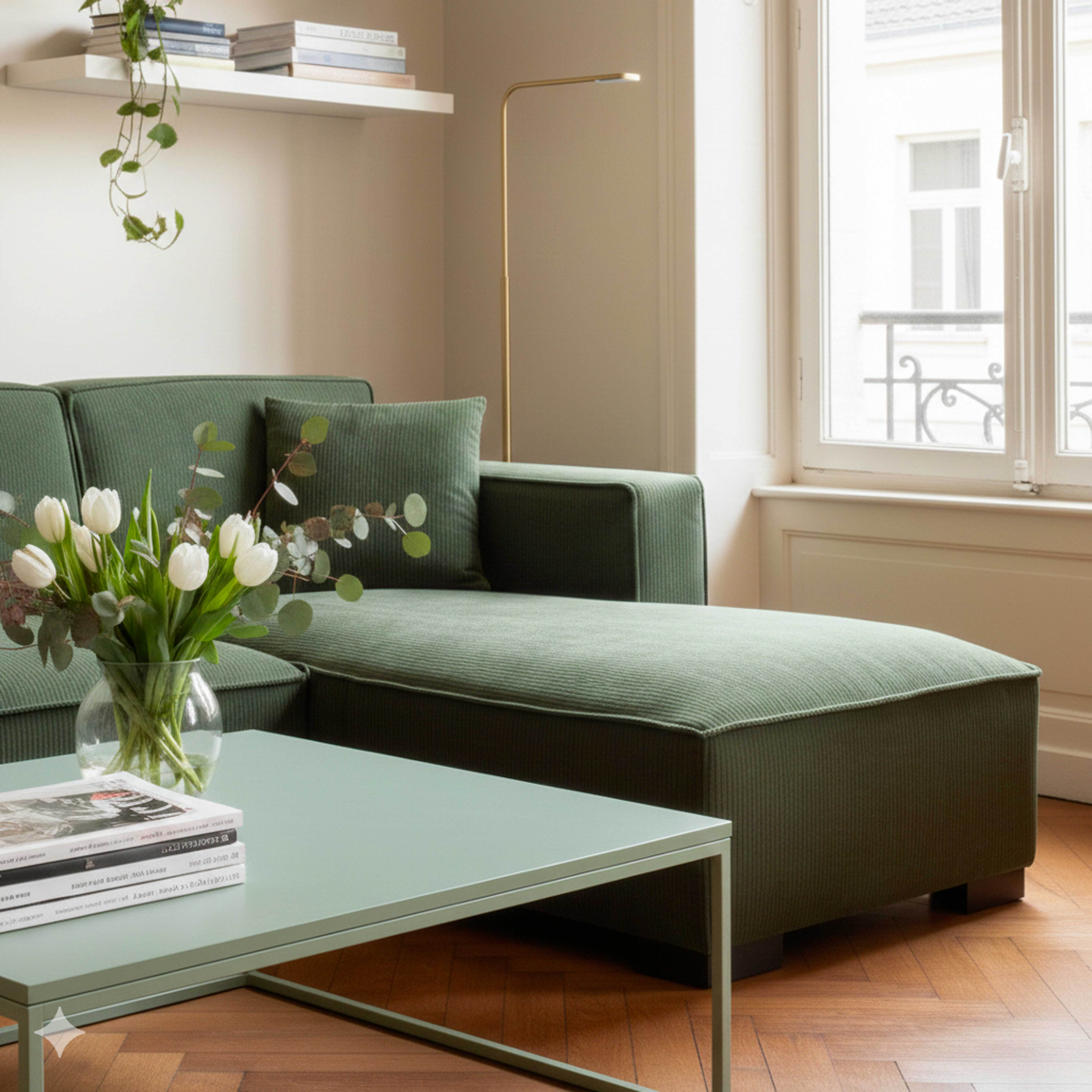 Ein grünes Sofa mit weißen Tulpen, ein hellgrüner Tisch und ein Fenster mit einem Gebäude im Hintergrund.