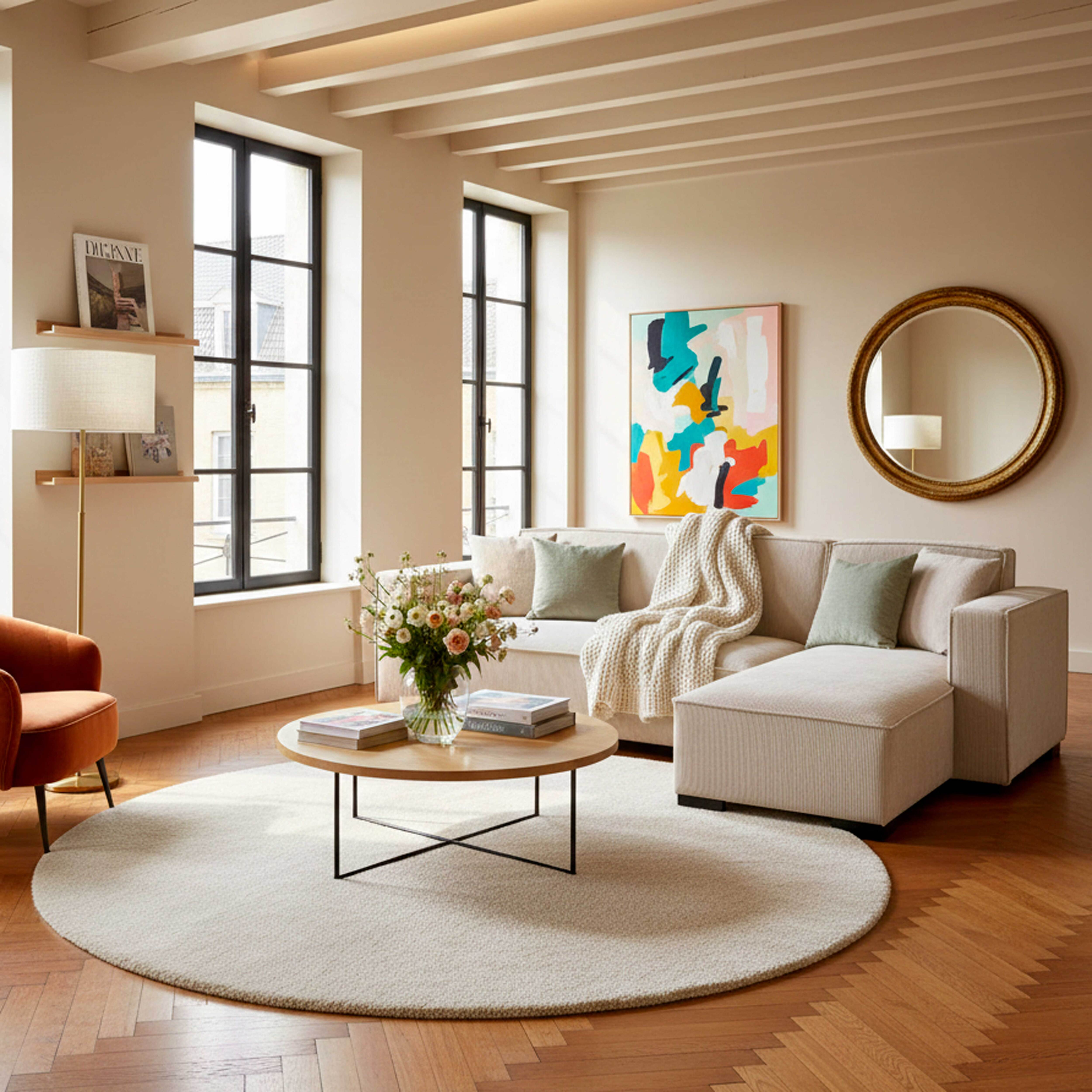 Wohnzimmer mit Sofa, rundem Teppich, Kunst und Spiegel. Mit Couchtisch und orangefarbenem Sessel.