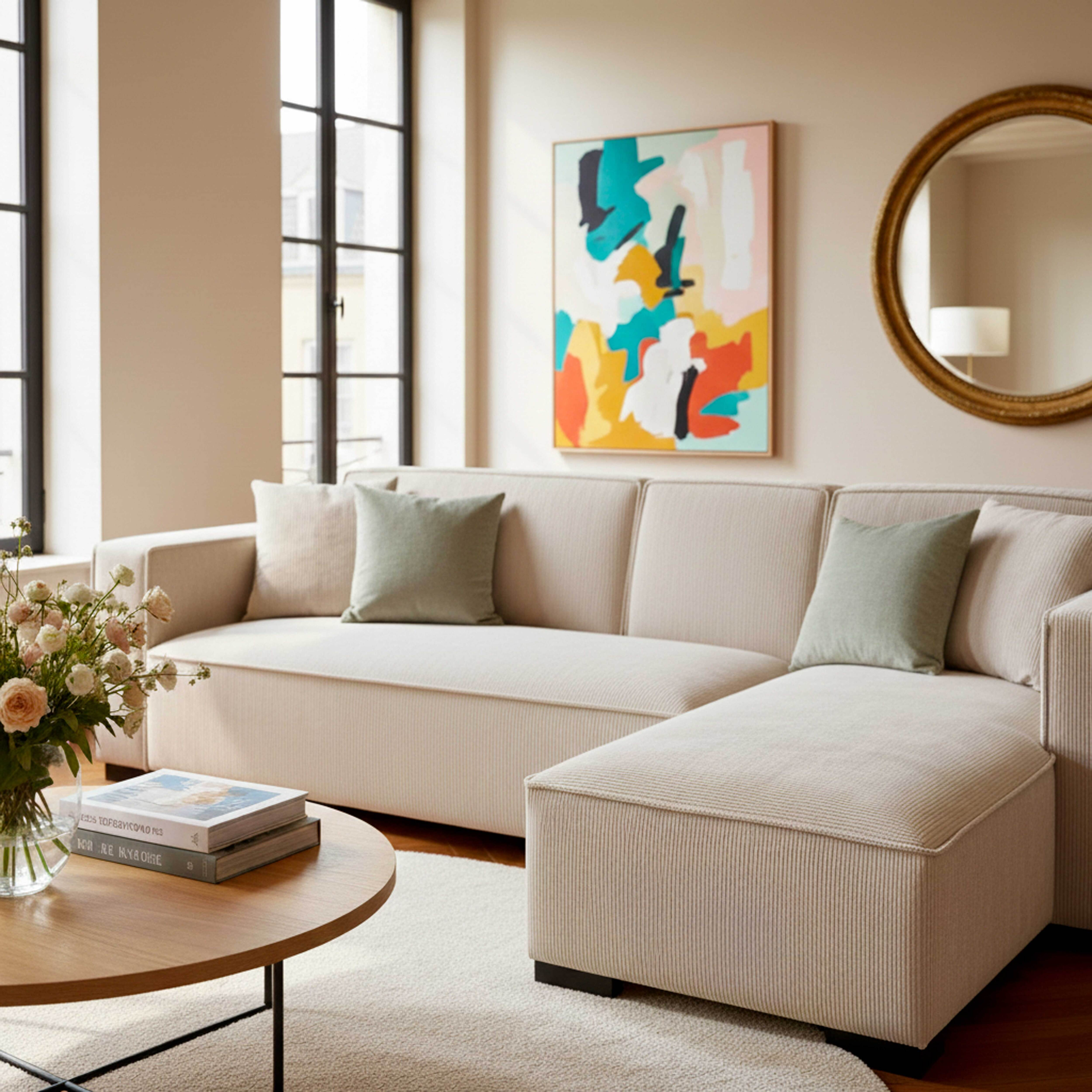 Ein modernes Wohnzimmer mit beigem Sofa, rundem Couchtisch, abstrakter Kunst und goldenem Spiegel.