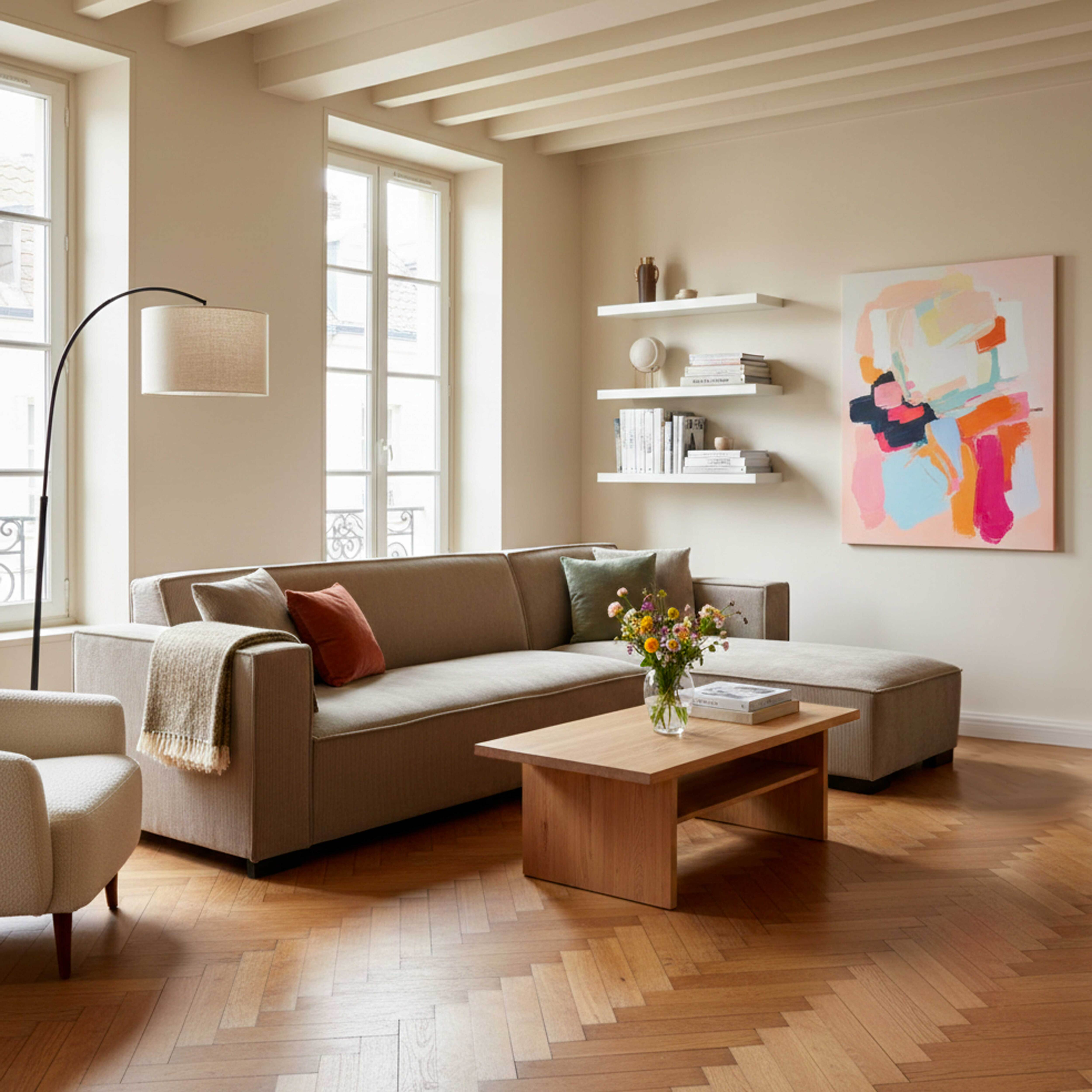 Wohnzimmer mit Sofa, Couchtisch, Kunst und Bogenlampe. Holzboden und beige Wände. Fenster.