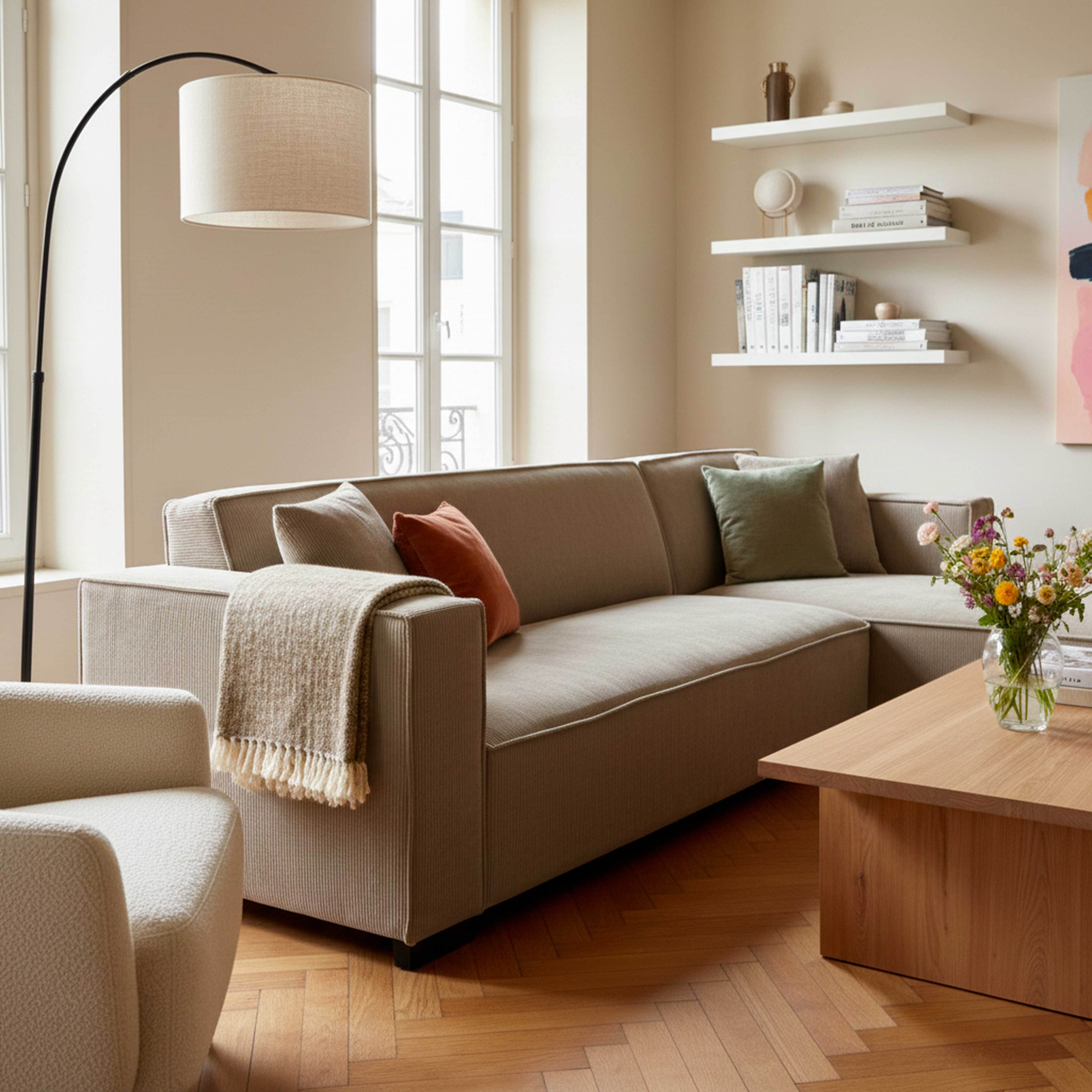 Ein beiges Wohnzimmer mit Sofa, Sessel, Lampe, Couchtisch und Regalen. Blumen und Kissen liegen auf dem Sofa.