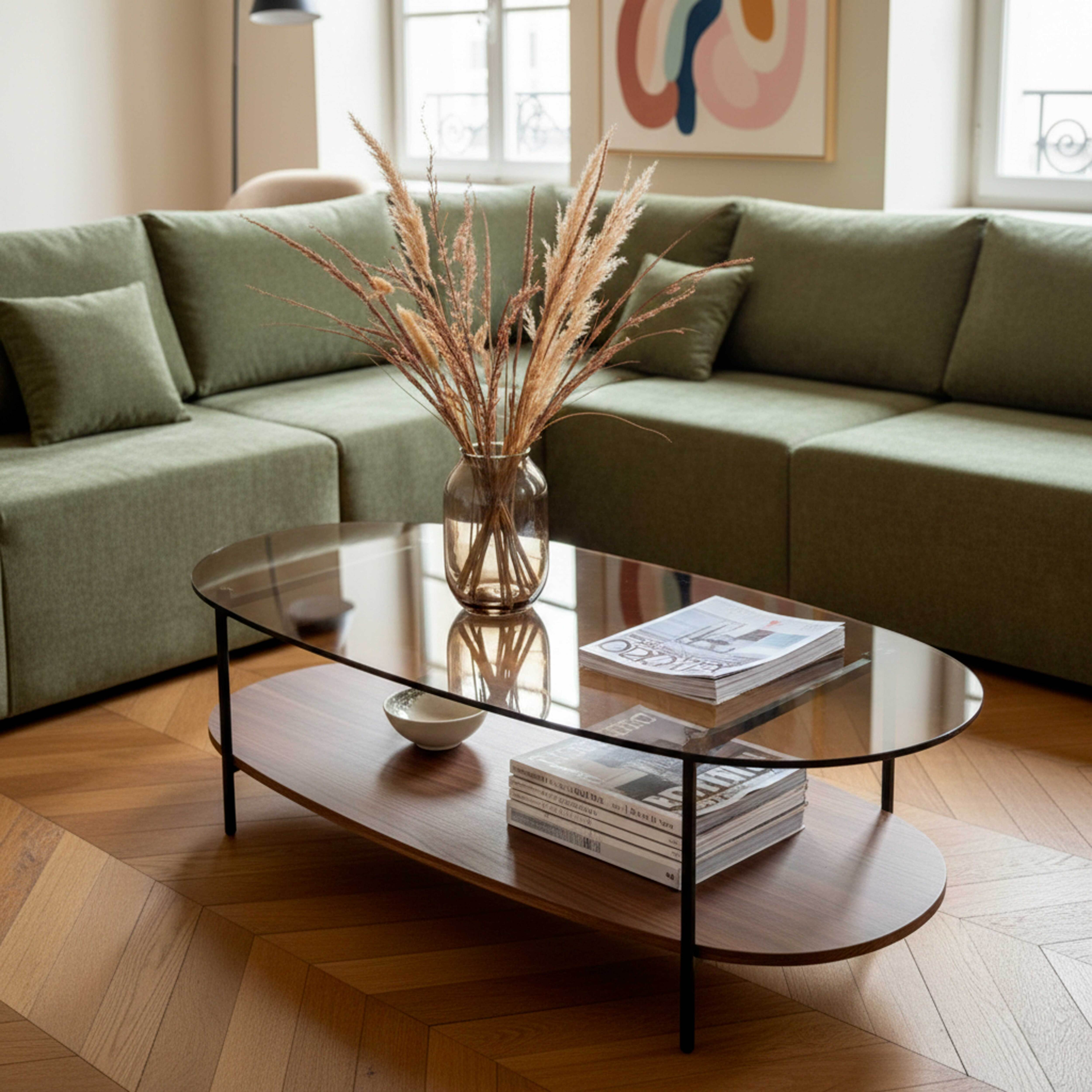 Wohnzimmer mit grünem Sofa, Couchtisch mit Zeitschriften, Vase mit Trockenblumen. Holzboden und Gemälde.
