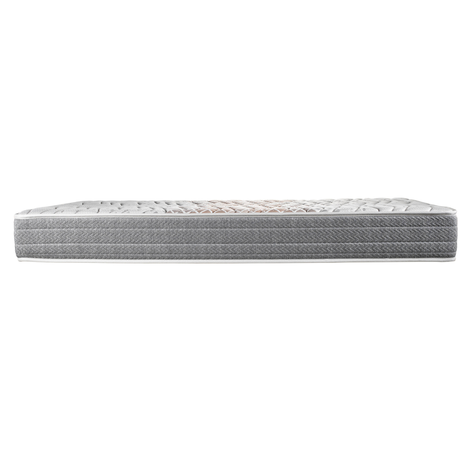 Un colchón gris con borde blanco sobre fondo blanco. La parte superior tiene un diseño y el lateral es gris.