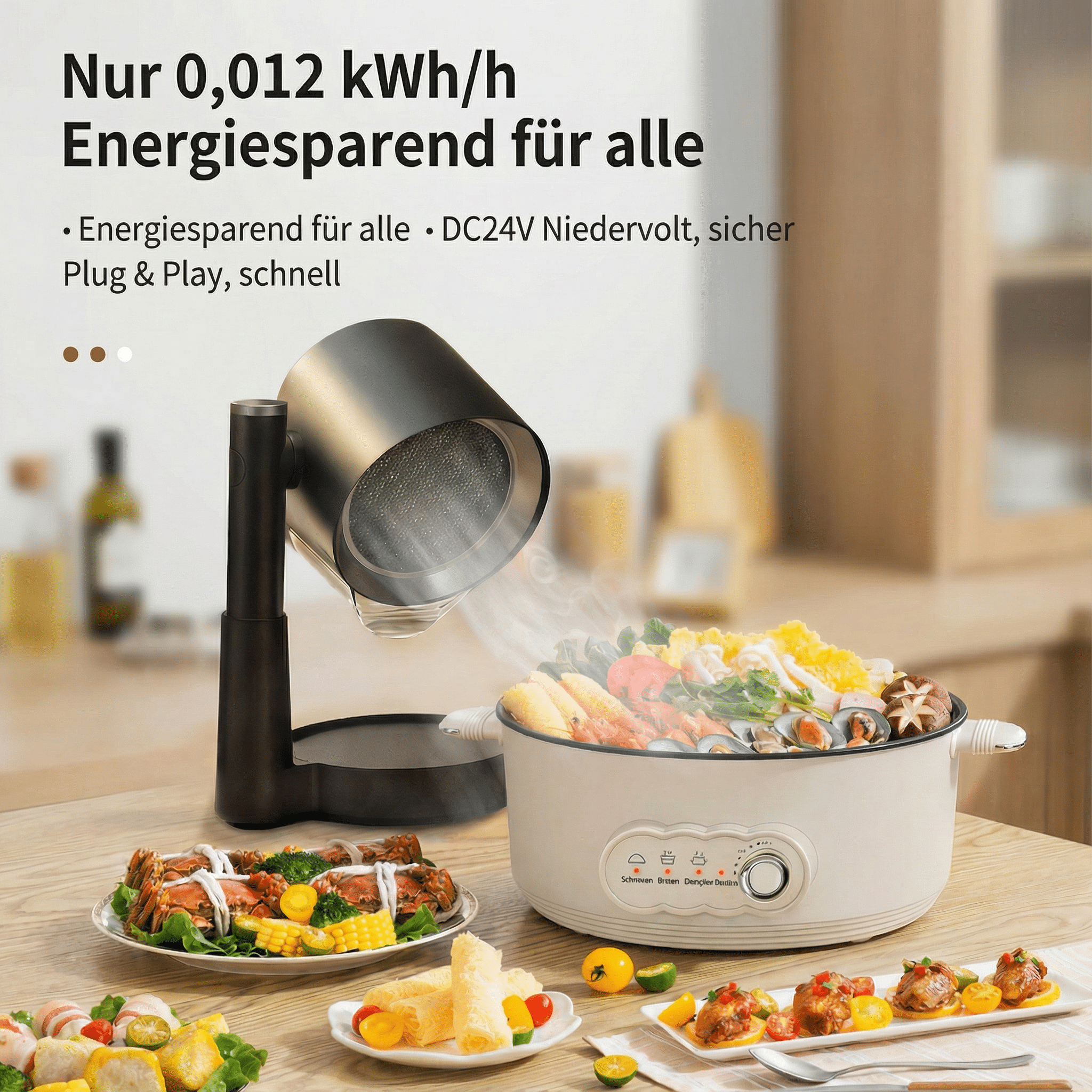 Ein Lebensmitteldämpfer mit gekochten Speisen, einem schwarzen Dämpfer, einem weißen Topf und Tellern mit Essen auf einem Tisch.