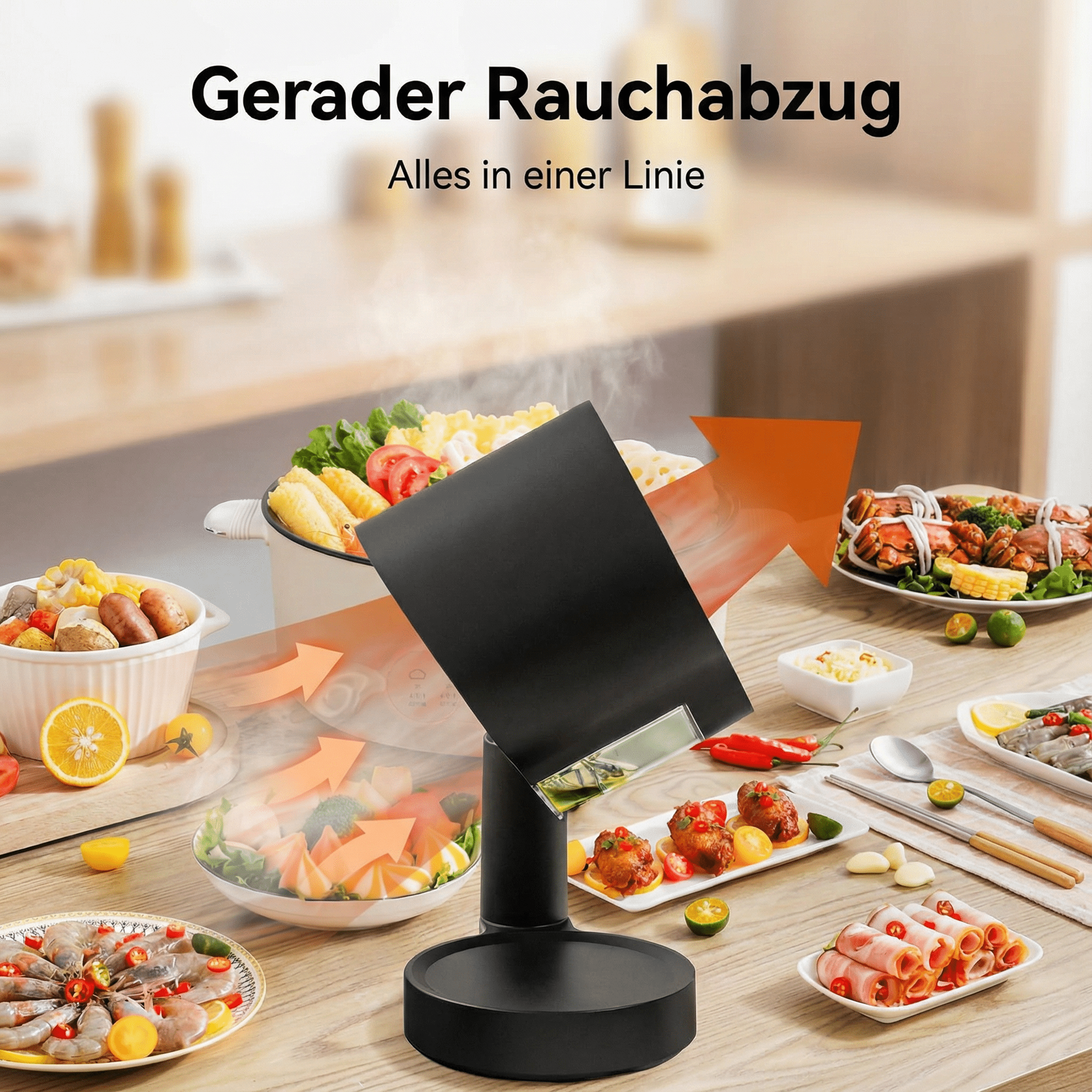 Ein schwarzer Abzug leitet Dampf von Speisen auf einem Tisch ab. Zu den Gerichten gehören Meeresfrüchte, Gemüse und Fleisch.