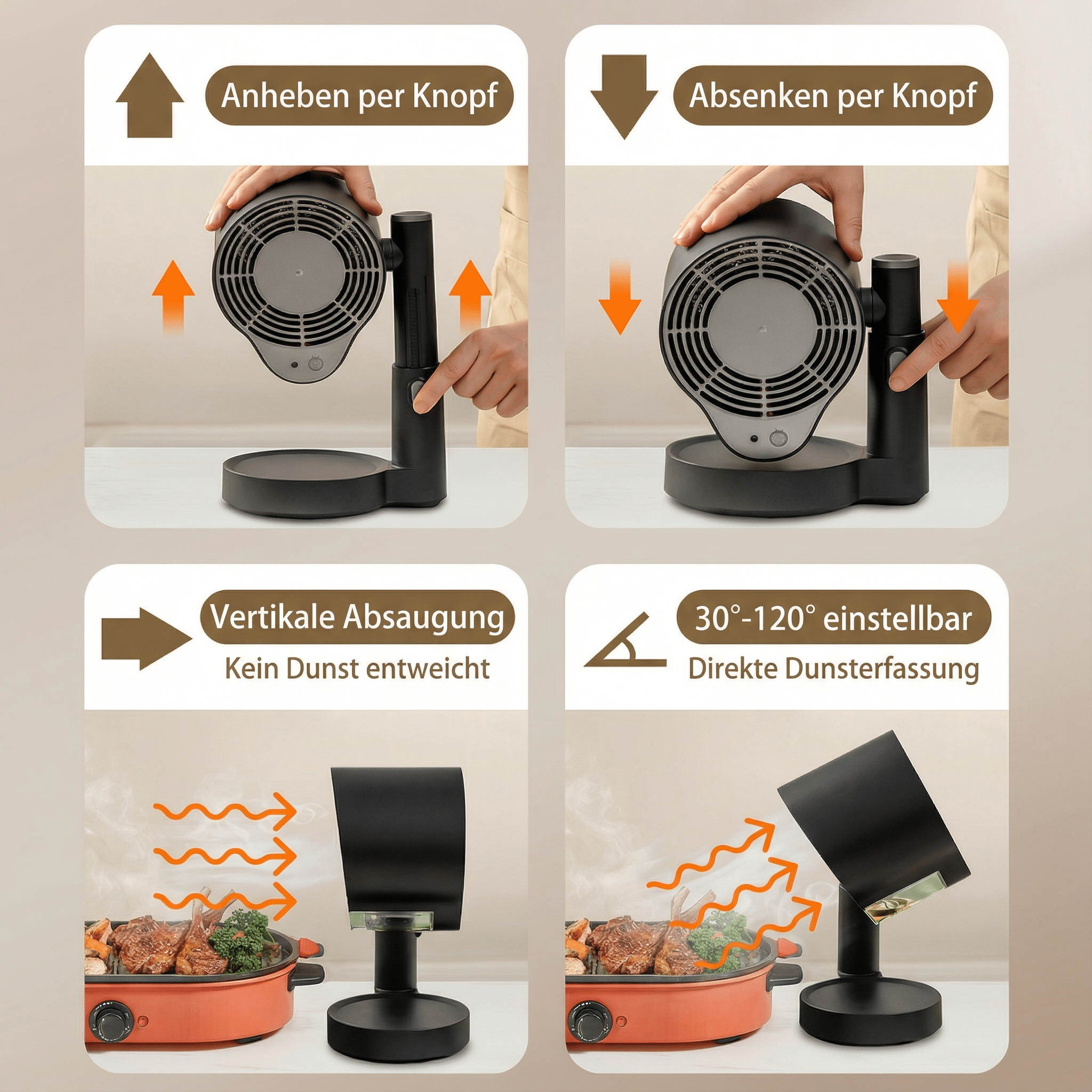 Diagramm, das einen schwarzen Ventilator mit einstellbaren Winkeln zeigt, der über einem Kochtopf verwendet wird.
