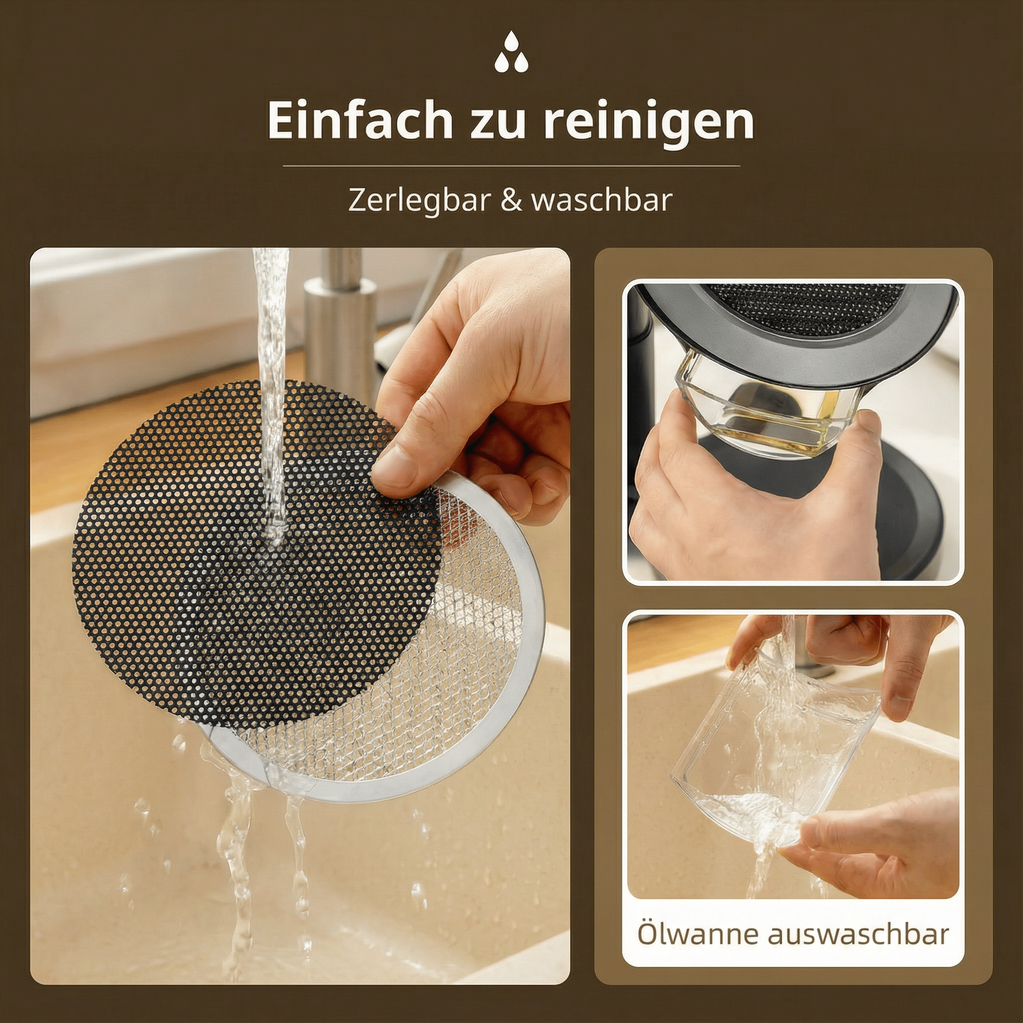 Hände waschen Kaffeemaschinenteile. Wasser fließt über einen schwarzen Filter und einen klaren Behälter.