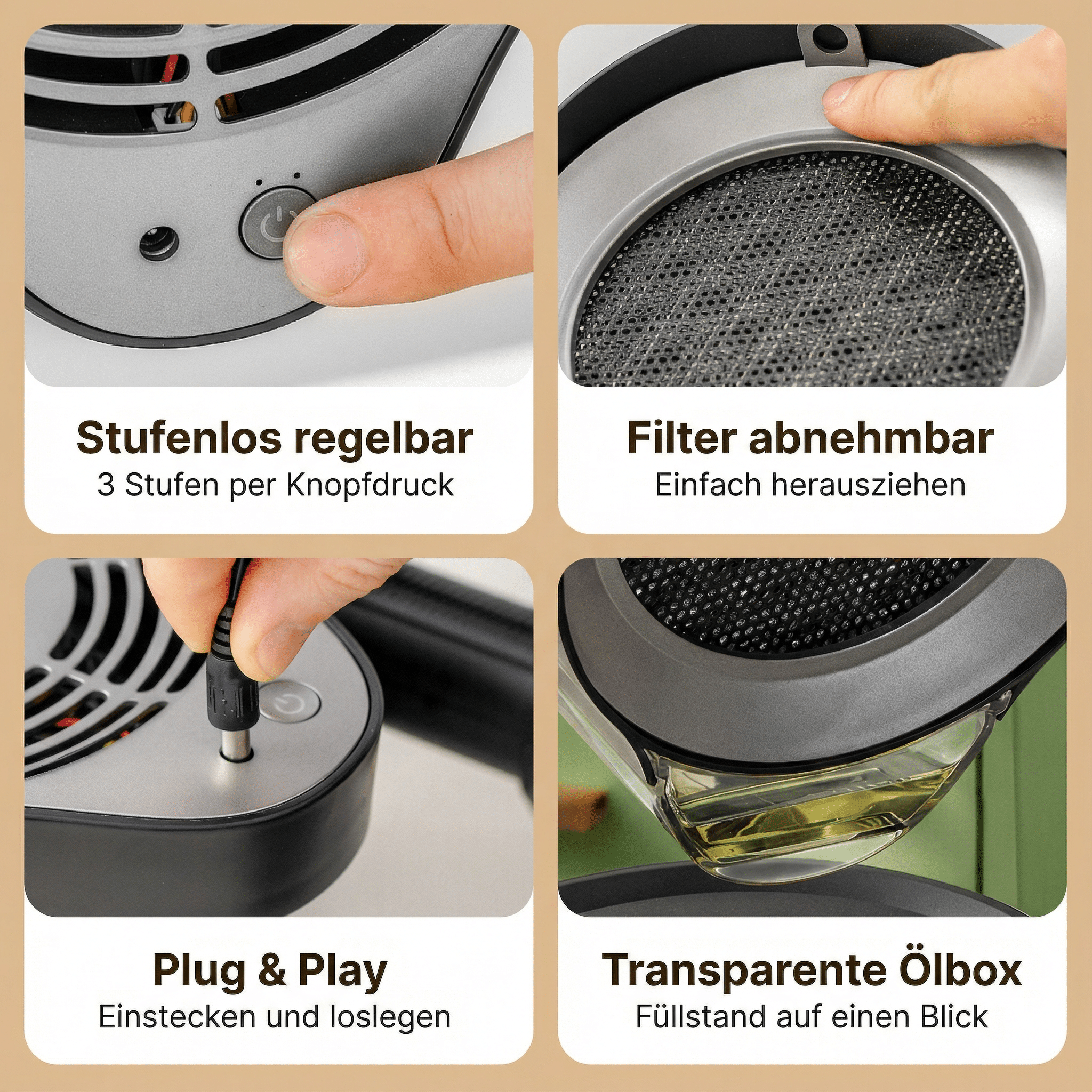 Das Bild zeigt einen Luftreiniger mit Funktionsdetails. Eine Hand drückt einen Knopf, Filter, Stecker und Ölbox sind sichtbar.