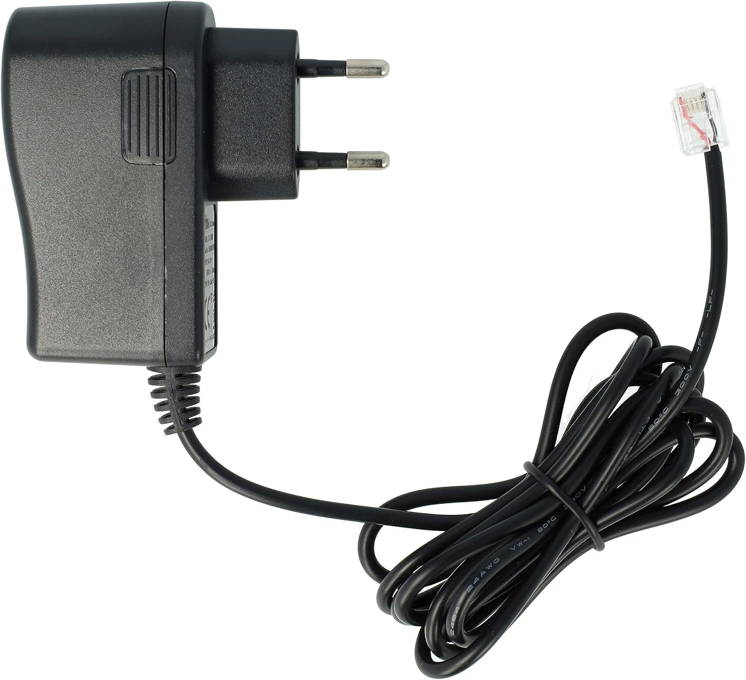 Un adattatore di alimentazione nero con spina e cavo nero con connettore RJ11.