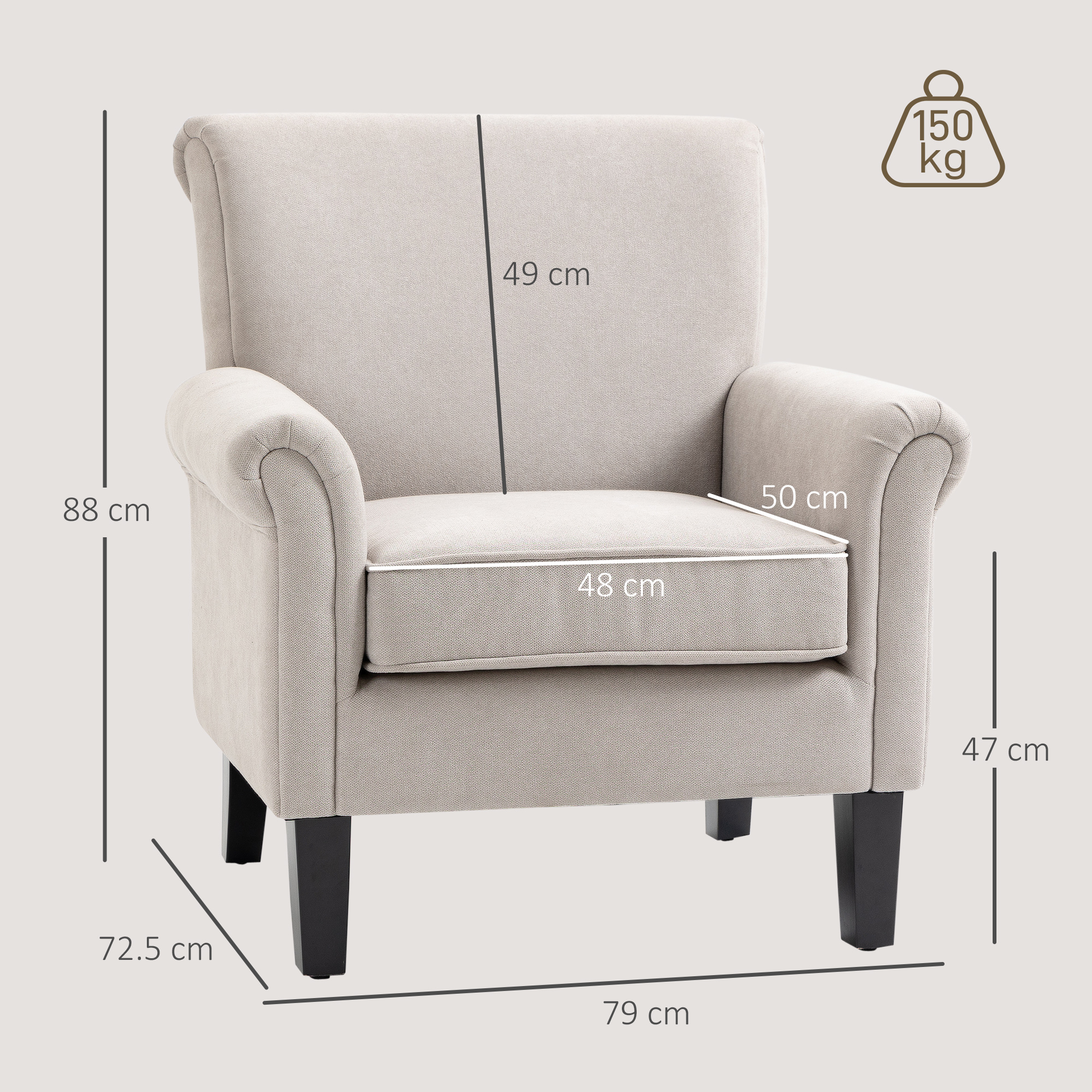 Una poltrona beige con gambe nere. Le dimensioni sono indicate in cm. Viene mostrata una capacità di peso di 150 kg.