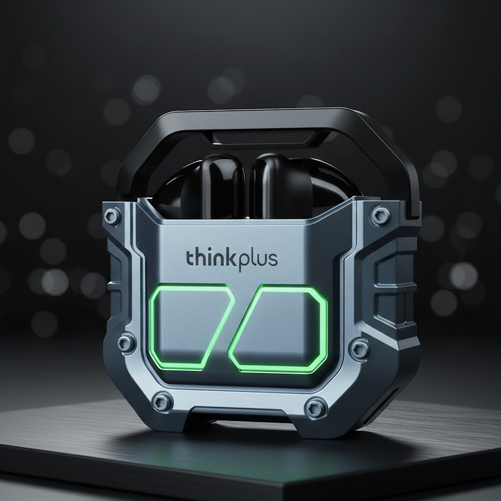 Thinkplus kulaklık kutusunun yakın çekimi, metalik gri, yeşil ışıklı geometrik şekillerle. Açık kutunun içinde siyah kulaklıklar görünür.