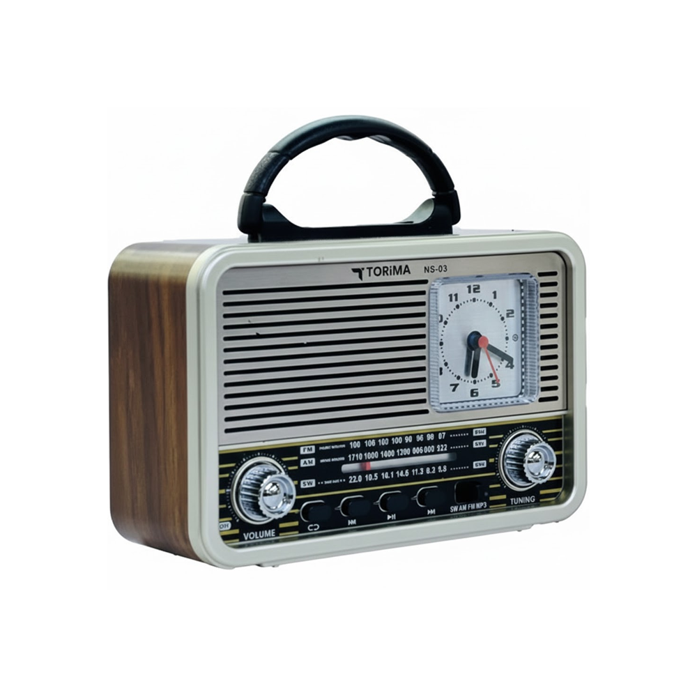Saatli retro bir radyo. Bir tutacağı var. Radyoda ses ve ayar düğmeleri ve bir hoparlör bulunur.