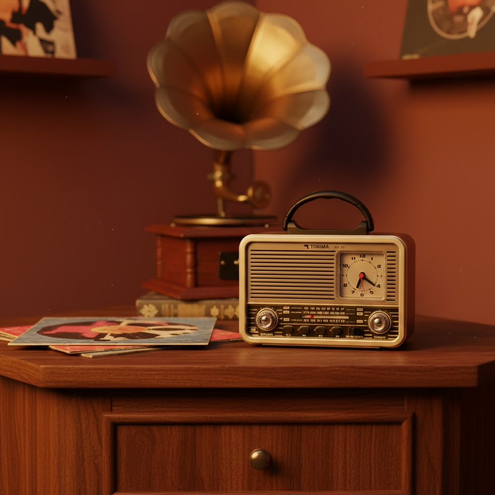 Eski tarz bir sahne, saatli bir radyo, plaklar ve bir gramofon sergiliyor. Sahne, çekmeceli ahşap bir masa üzerinde.
