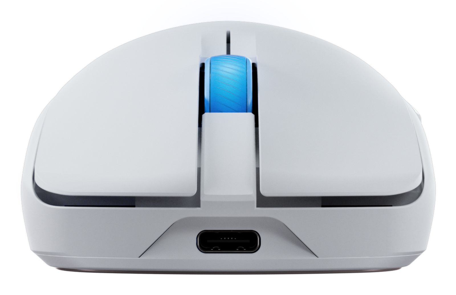 Biała mysz komputerowa z niebieskim kółkiem przewijania. Na dole znajduje się port USB-C. Mysz jest na białym tle.