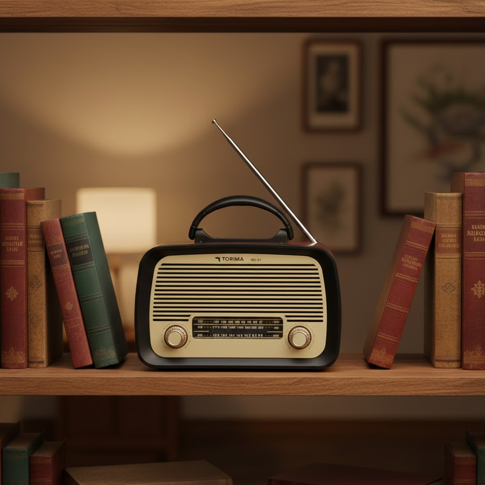 Antenli eski bir radyo, kitapların bulunduğu bir rafta duruyor. Radyo siyah ve bej renginde. Kitaplar kırmızı, yeşil ve kahverengi.