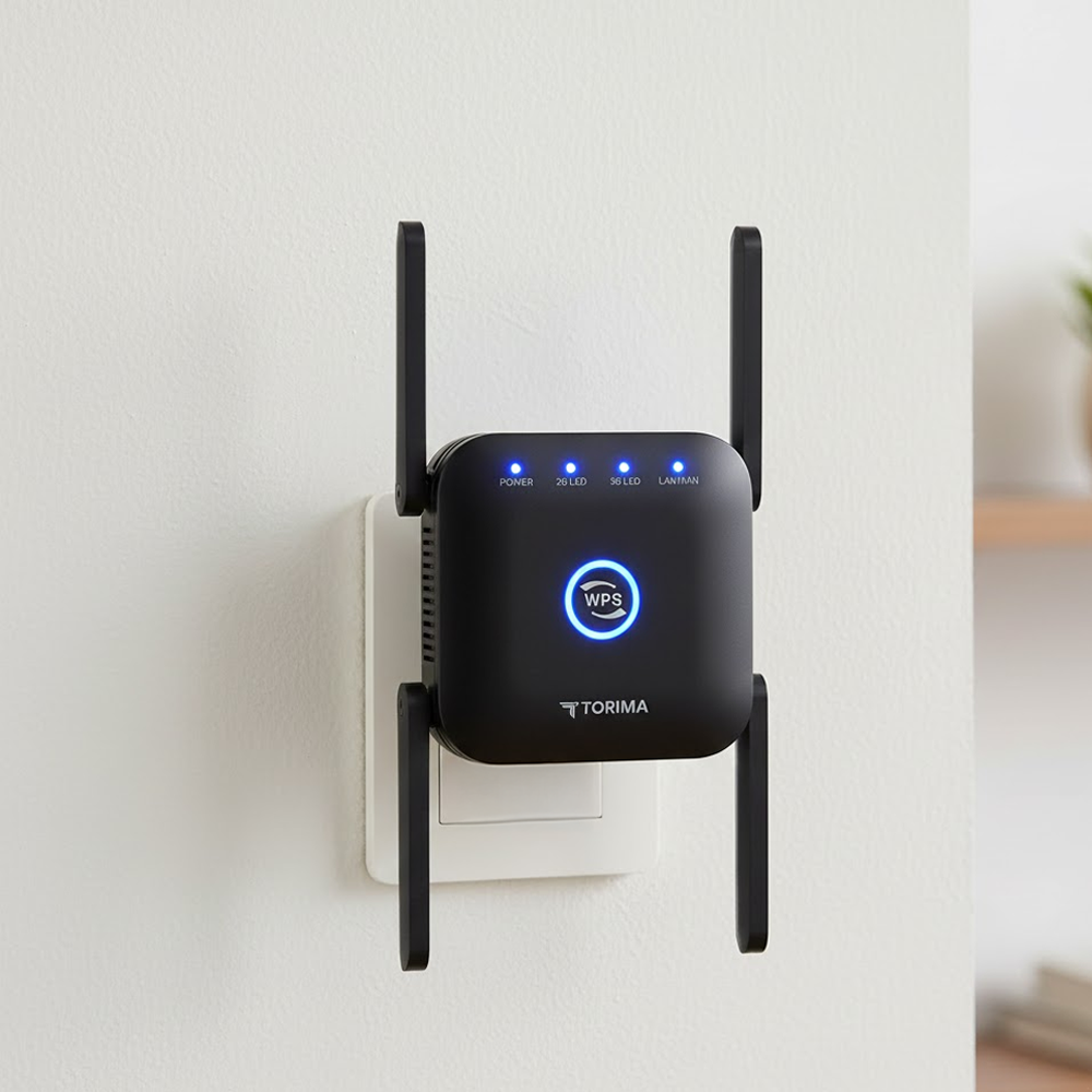 Beyaz bir duvardaki beyaz bir prize takılı siyah bir Wi-Fi genişletici. Antenleri ve mavi ışıkları var.