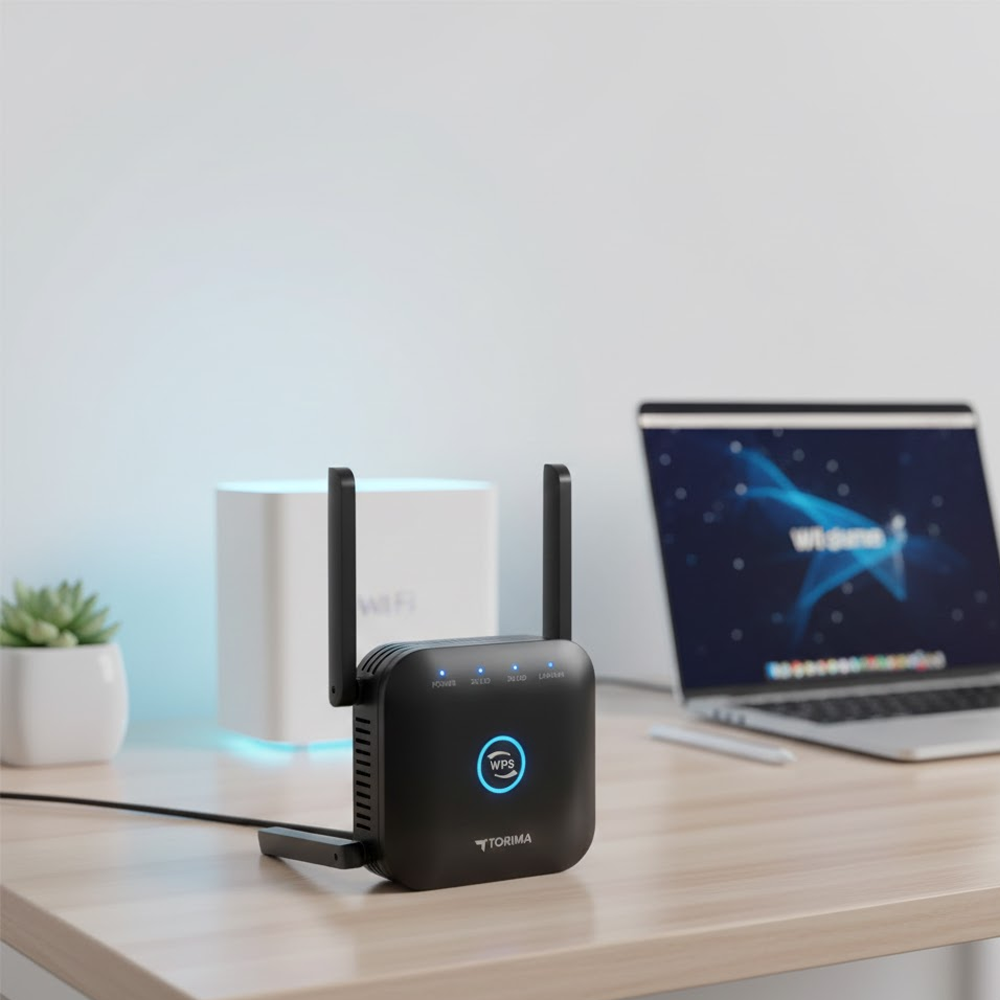 Masada antenli siyah Wi-Fi genişletici, arka planda bir dizüstü bilgisayar ve beyaz bir kutu. Solda küçük bir bitki.
