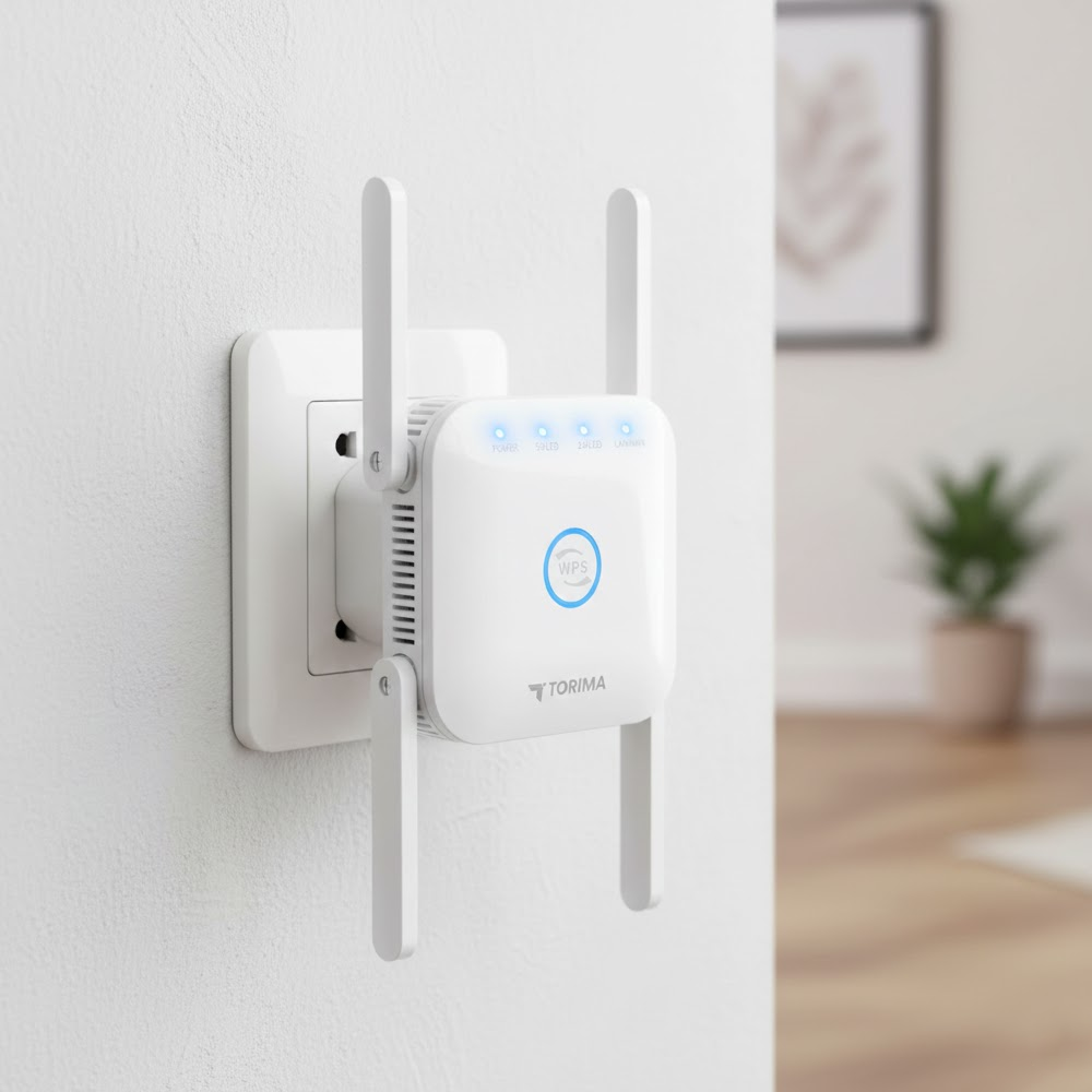 Beyaz bir Wi-Fi genişletici, bir duvar prizine takılı. İki anteni ve güç ve bağlantıyı gösteren mavi ışıkları var.