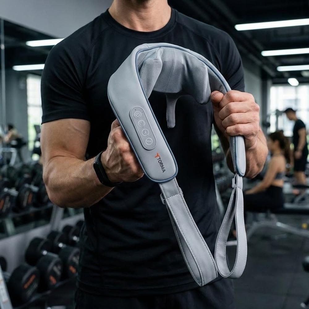 Adam, spor salonunda düğmeleri olan gri bir boyun masaj aleti tutuyor. Arka planda diğer insanlar egzersiz yapıyor.