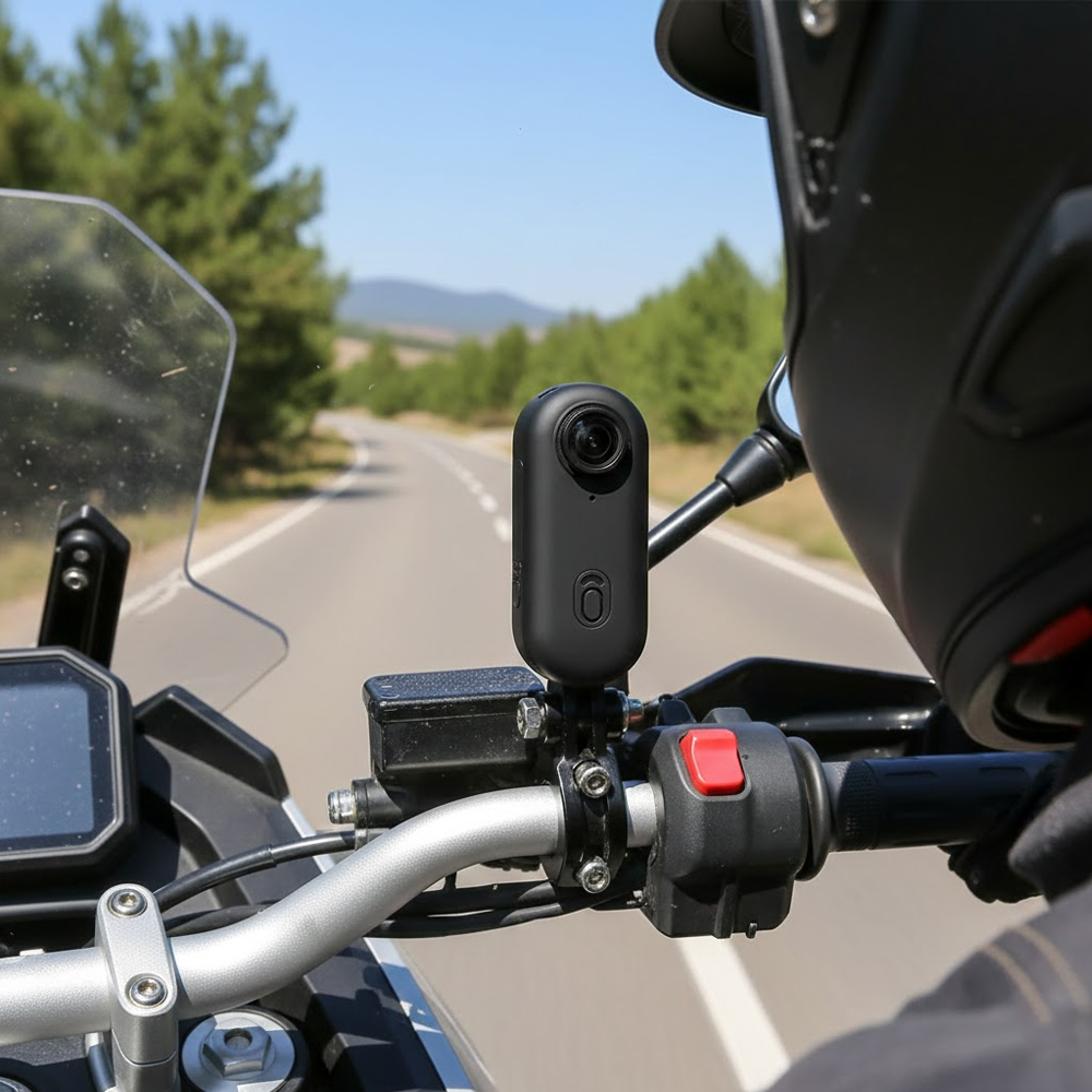 Motosiklet gidonu, üzerine monte edilmiş siyah bir kamera ile. Kasklı sürücü, arka planda yol, her iki tarafta ağaçlar, mavi gökyüzü.