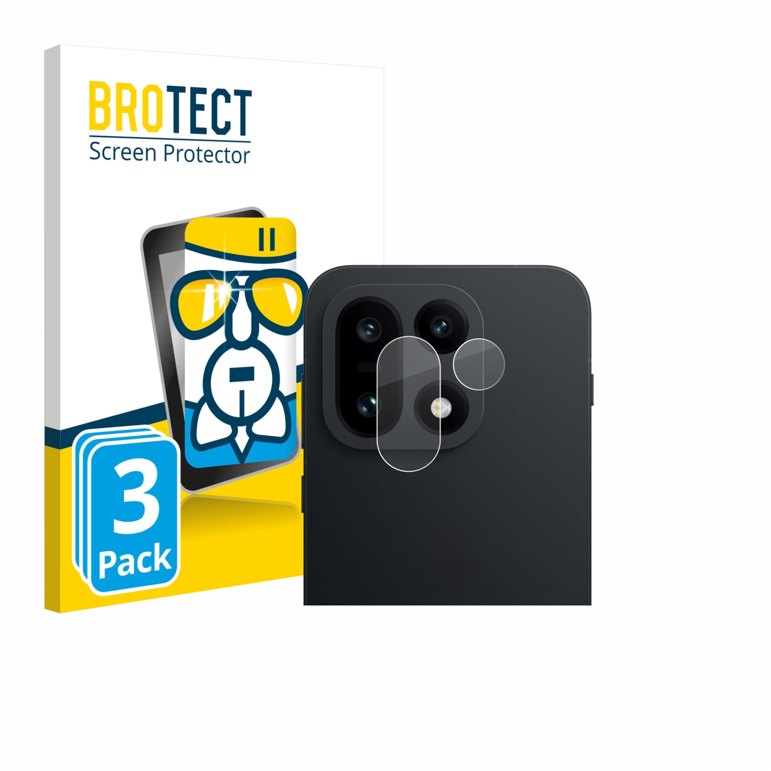 Das Bild zeigt einen Displayschutz für ein Telefon. Der Schutz wird auf die Kamera des Telefons aufgetragen. Eine Box mit 'BROTECT' ist ebenfalls sichtbar.