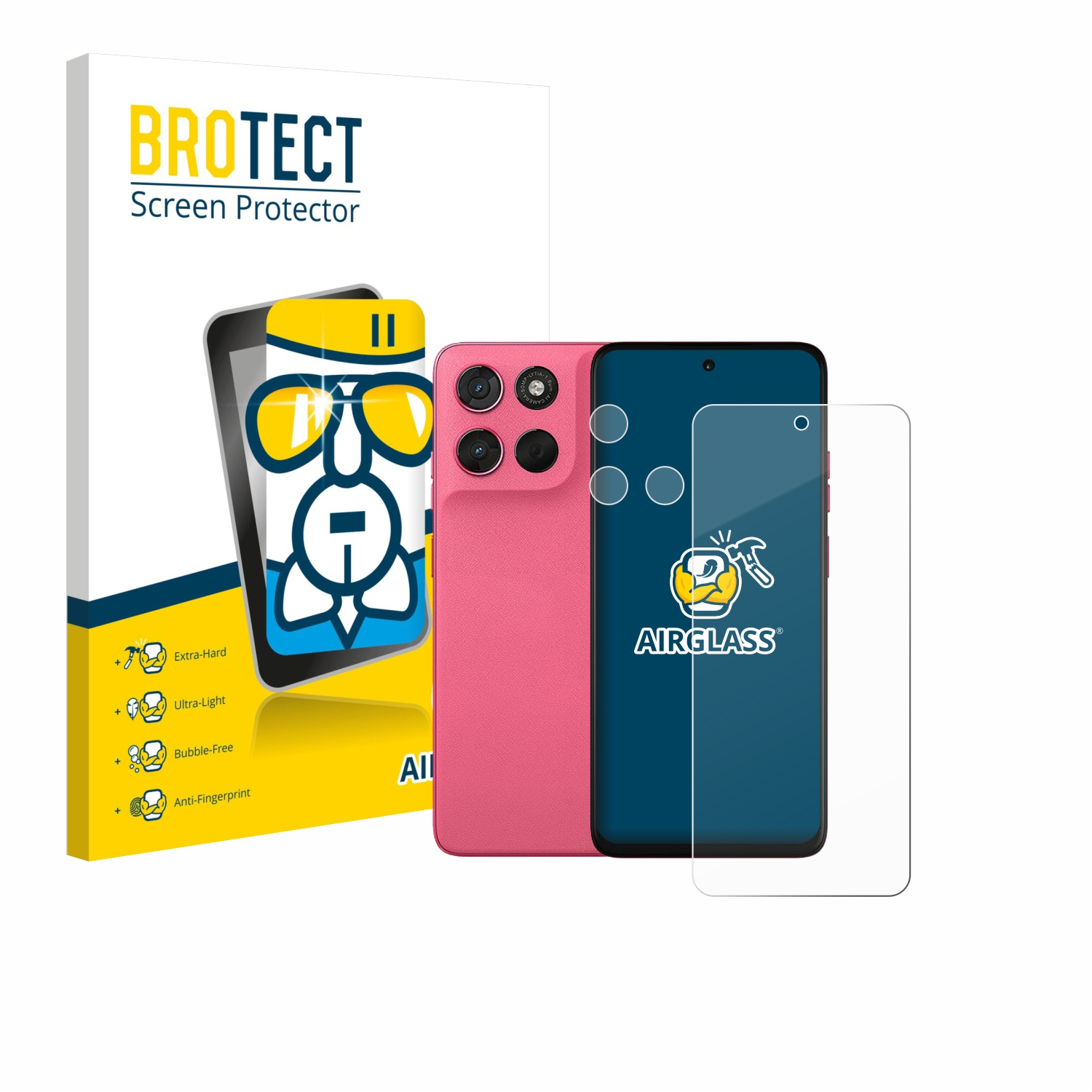 Ein Telefon und eine Displayschutzfolie werden angezeigt. Das Telefon ist rosa mit schwarzem Bildschirm. Der Schutz ist klar. Links ist eine Schachtel.