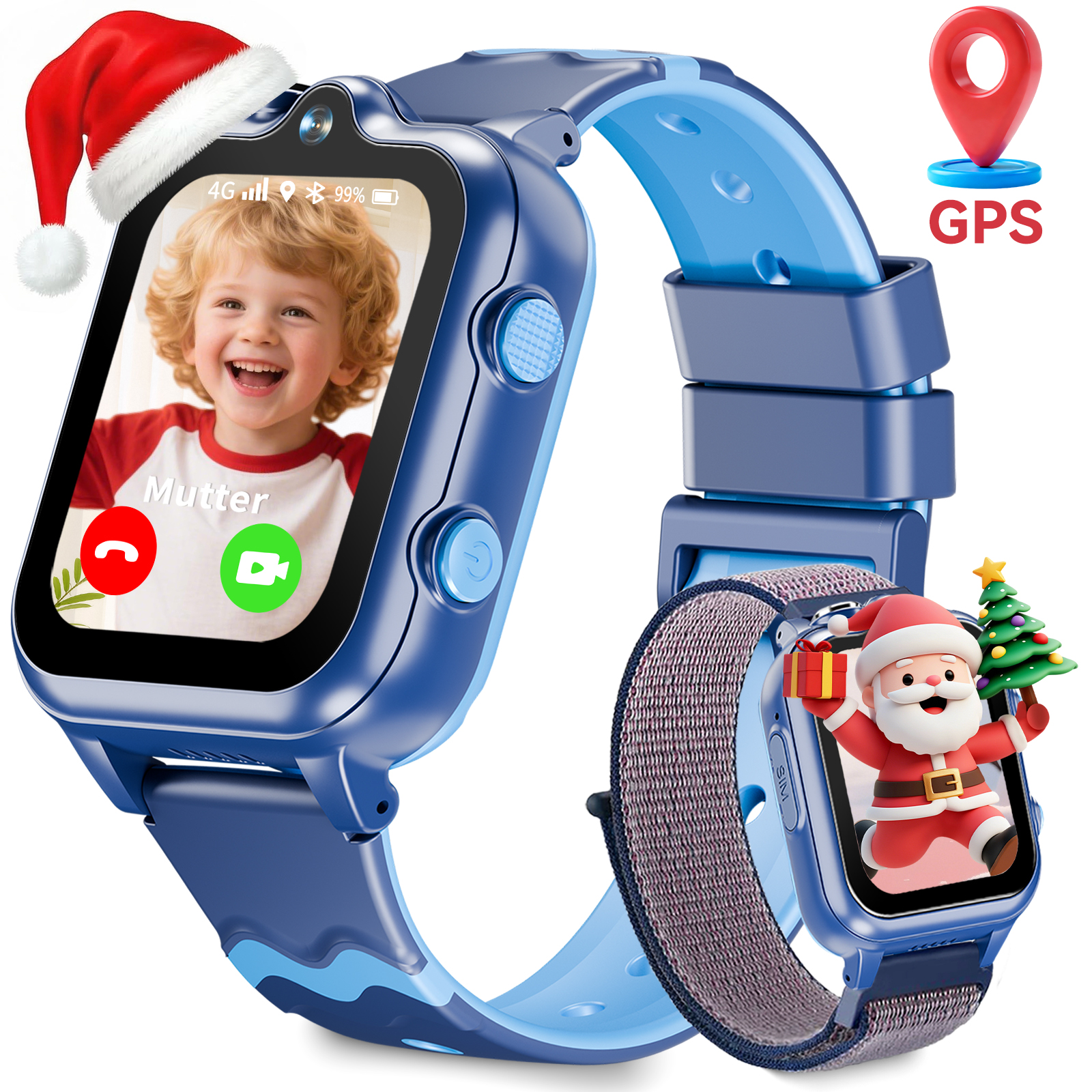 Eine blaue Smartwatch mit dem Gesicht eines Kindes auf dem Bildschirm, einem Weihnachtsmannhut und einem GPS-Symbol.