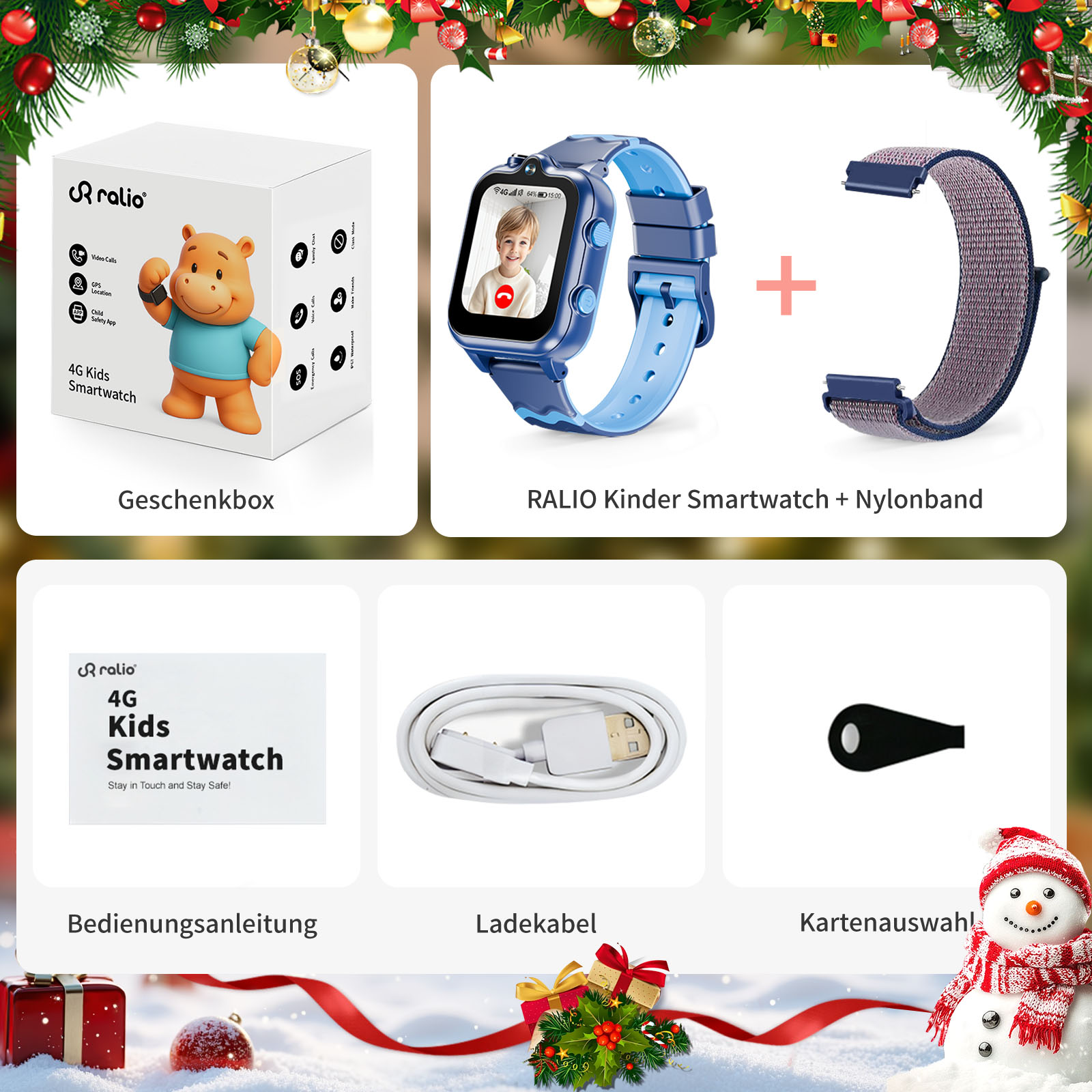 Produktfoto zeigt Kinder-Smartwatch, Box, zusätzliches Armband, Kabel, Anleitung und einen Schneemann mit Weihnachtsdekorationen.
