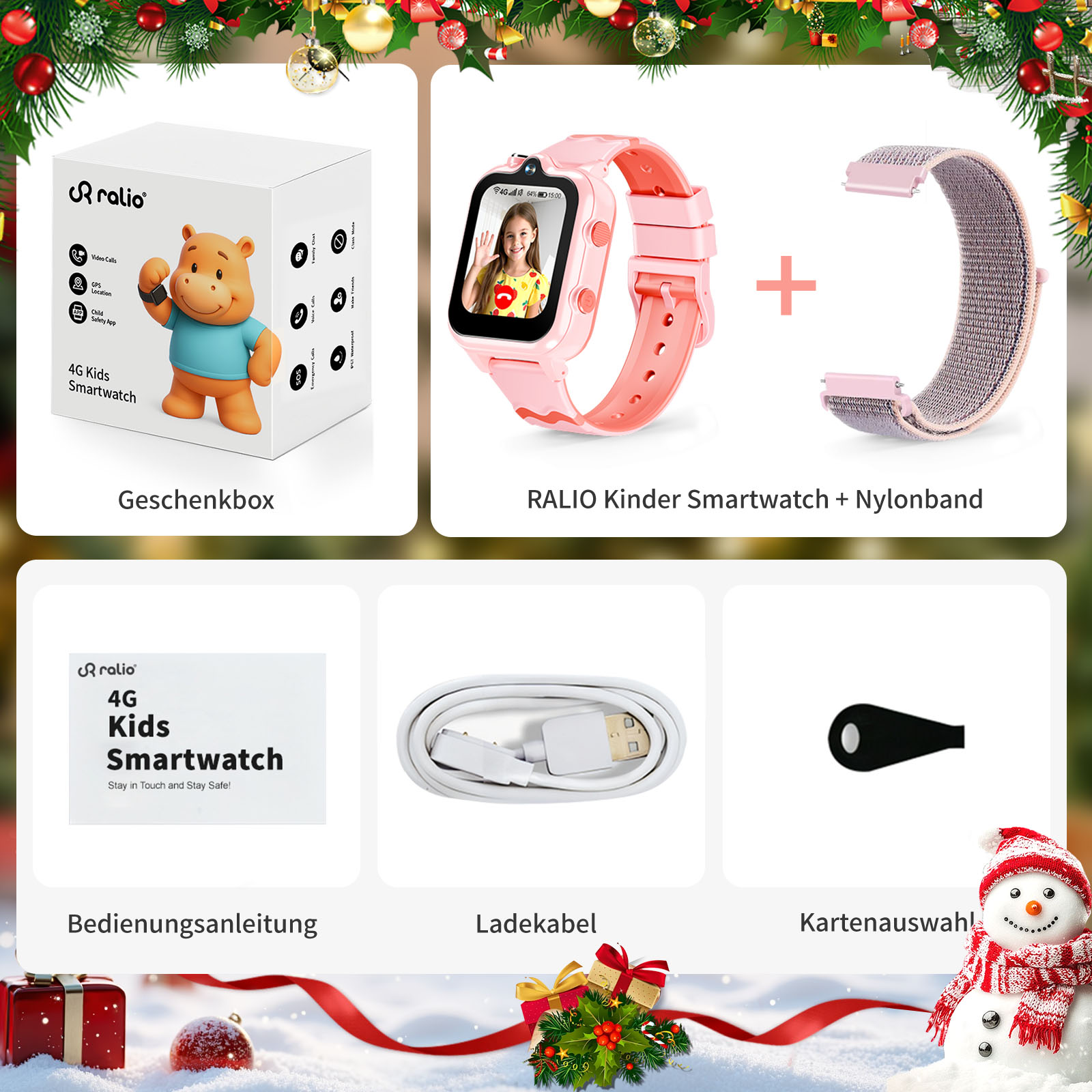 Das Bild zeigt ein Kinder-Smartwatch-Set. Es umfasst die Uhr, ein zusätzliches Armband, eine Box, ein Handbuch, ein Ladekabel und eine Karte.