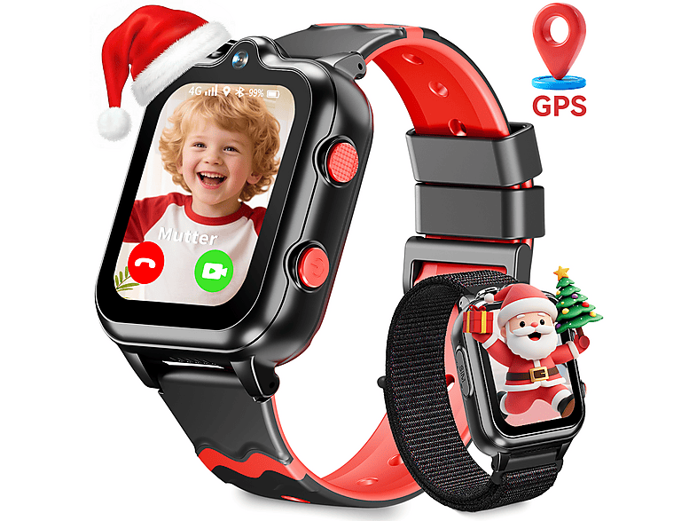 RALIO D35 Kinder Smartwatch ABS Silikon, 200 mm, Schwar，Kinderuhr mit GPS, 4G-Telefonie, Doppelarmband, Geschenkbox – das perfekte Weihnachtsgeschenk für Ihr Kind