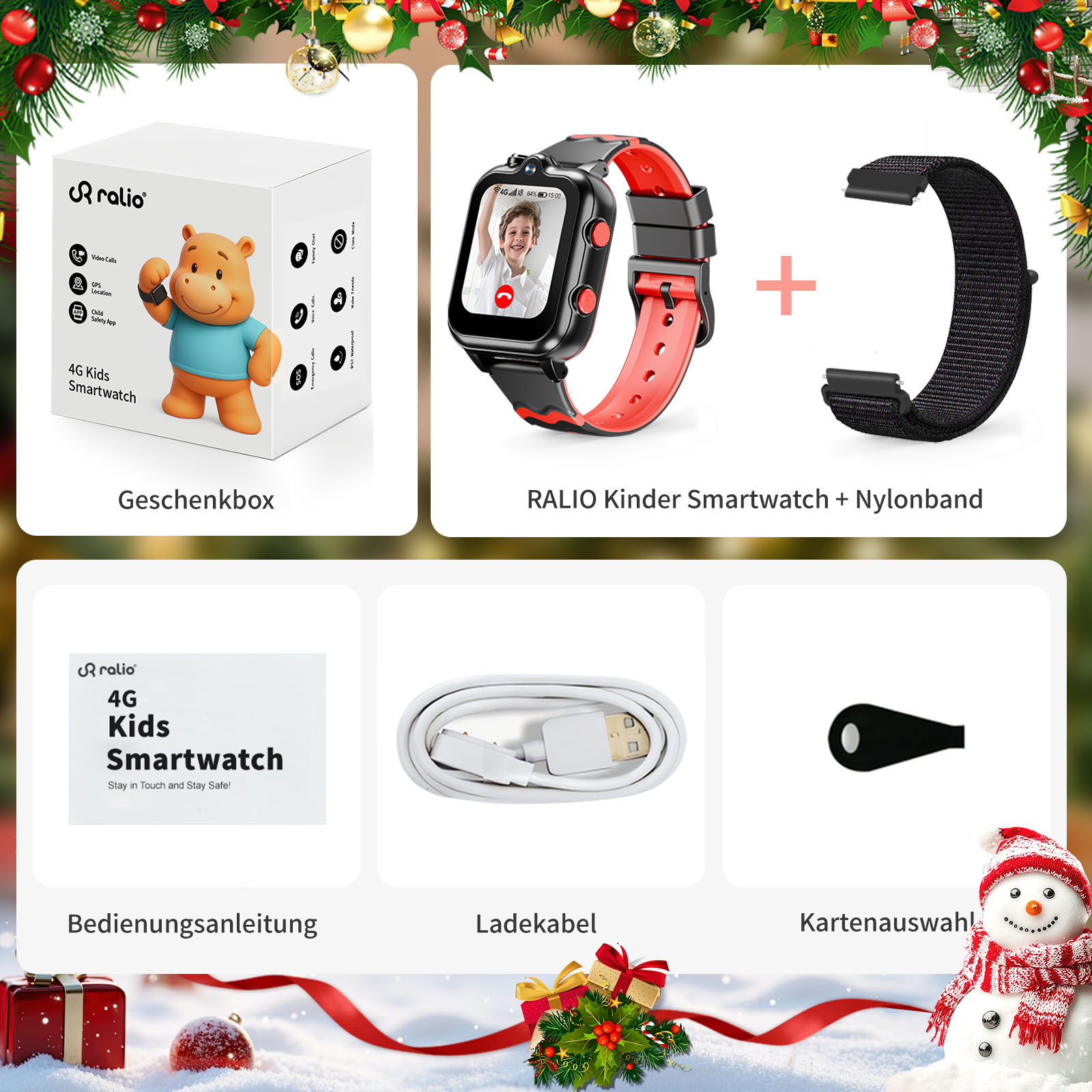 Das Bild zeigt ein Kinder-Smartwatch-Set mit Box, Uhr, Armband, Handbuch, Kabel und Kartenauswahl, mit Weihnachtsdekor.