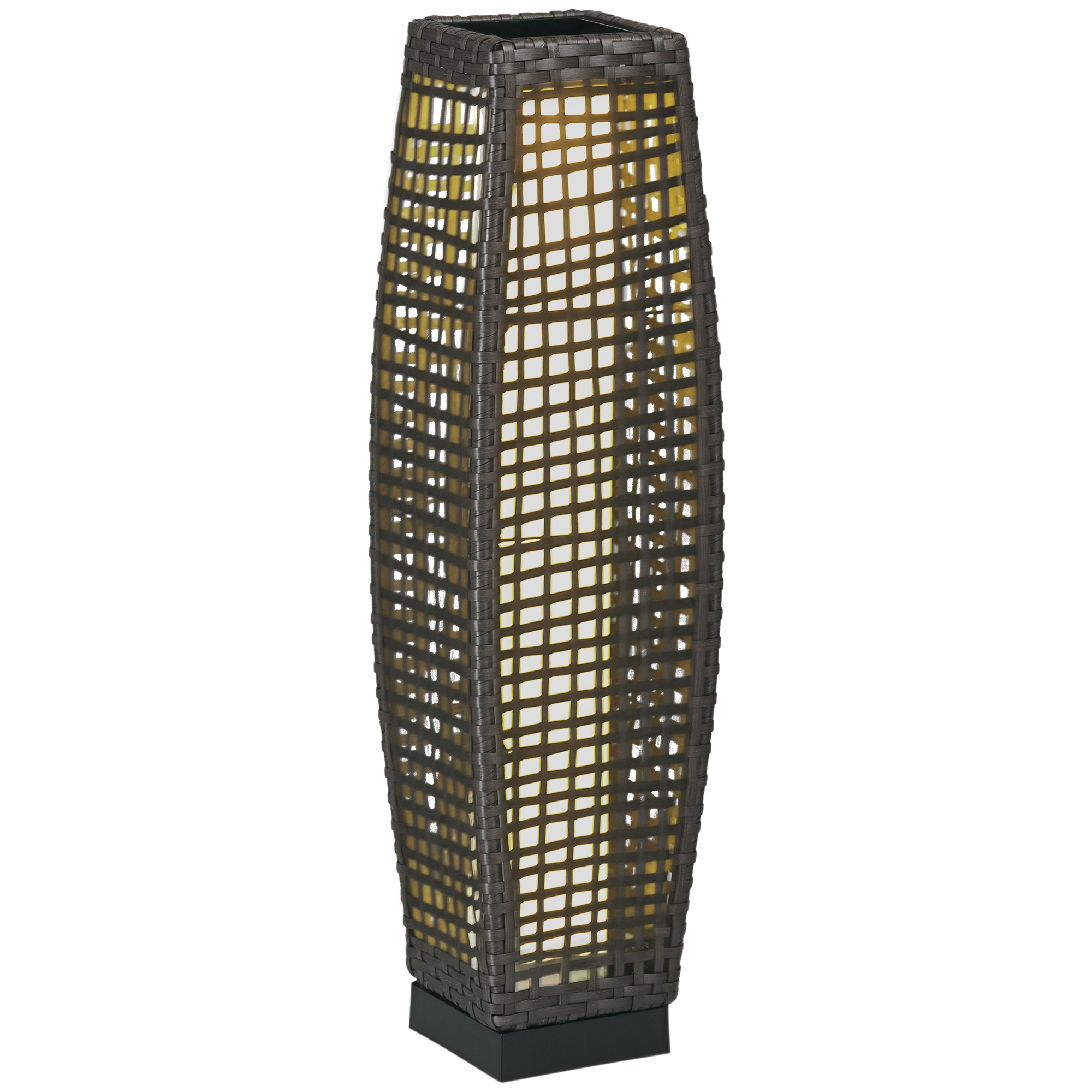 Una lampada da terra alta e rettangolare con esterno in tessuto marrone scuro. La luce brilla attraverso il tessuto.