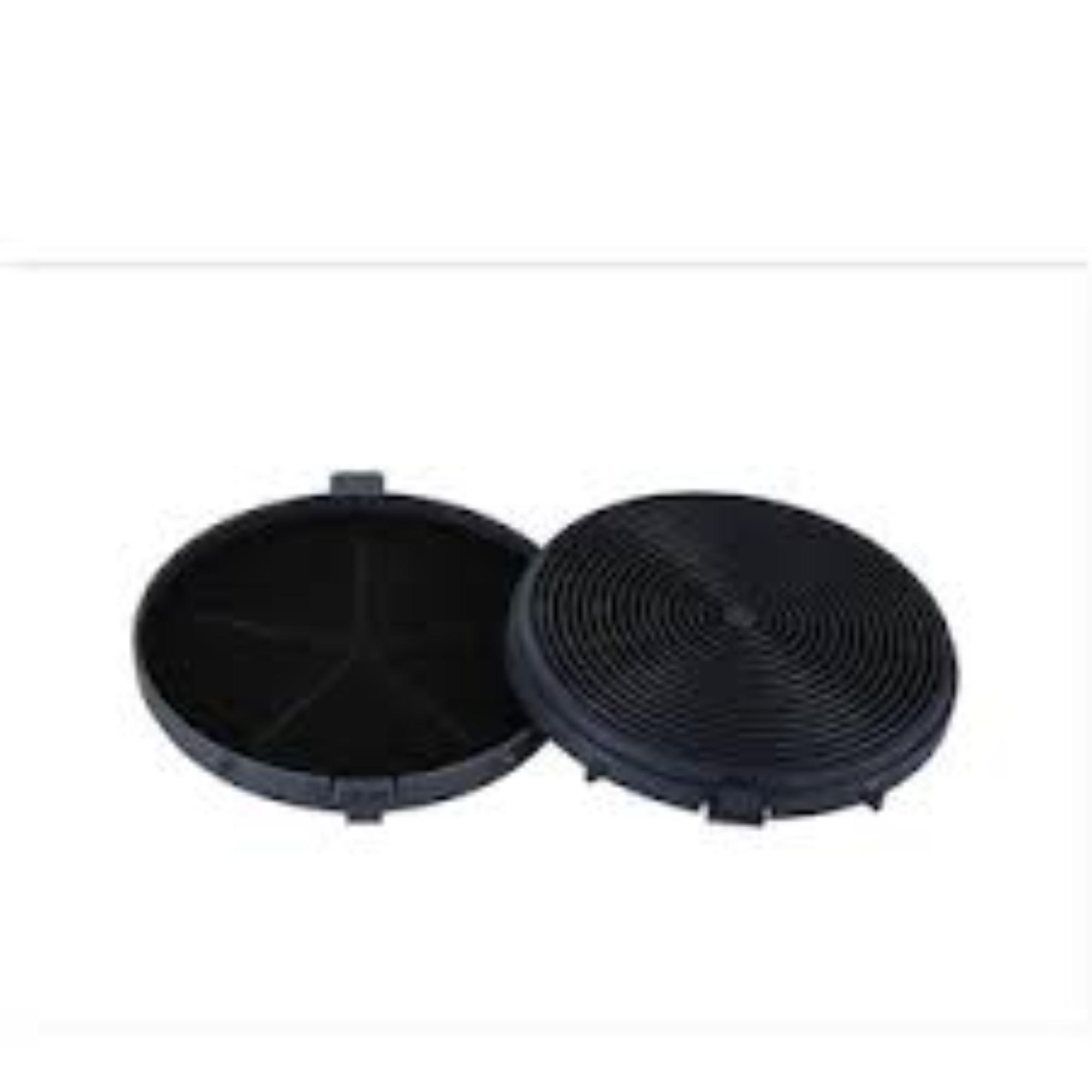 Two black circular carbon filters are displayed against a white background. One is open, the other closed.
