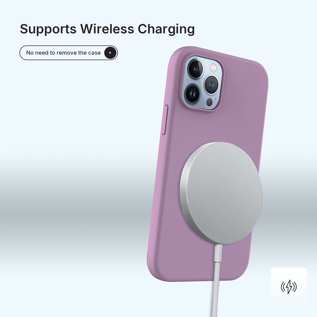 Une coque de téléphone violette avec un chargeur sans fil blanc attaché. Le téléphone se charge. Le texte dit « Prend en charge le chargement sans fil ».