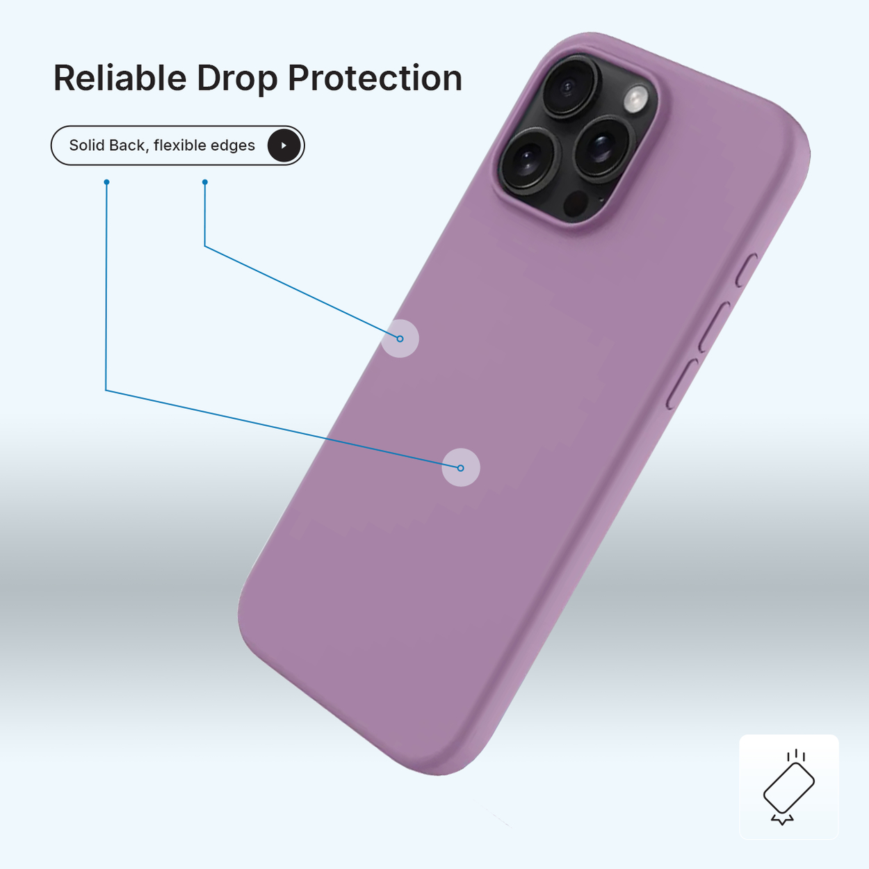 Een paarse telefoonhoes met een cameramodule. Tekst luidt 'Betrouwbare valbescherming' en 'Stevige achterkant, flexibele randen'.