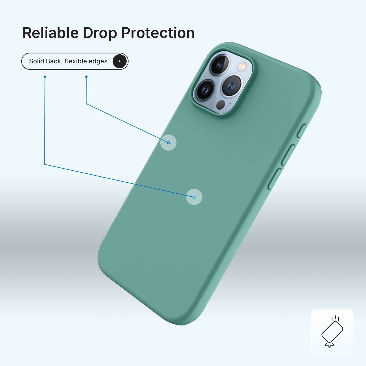 Een teal telefoonhoesje met een stevige achterkant en flexibele randen wordt getoond, met labels die naar de kenmerken wijzen. De achtergrond is lichtblauw.