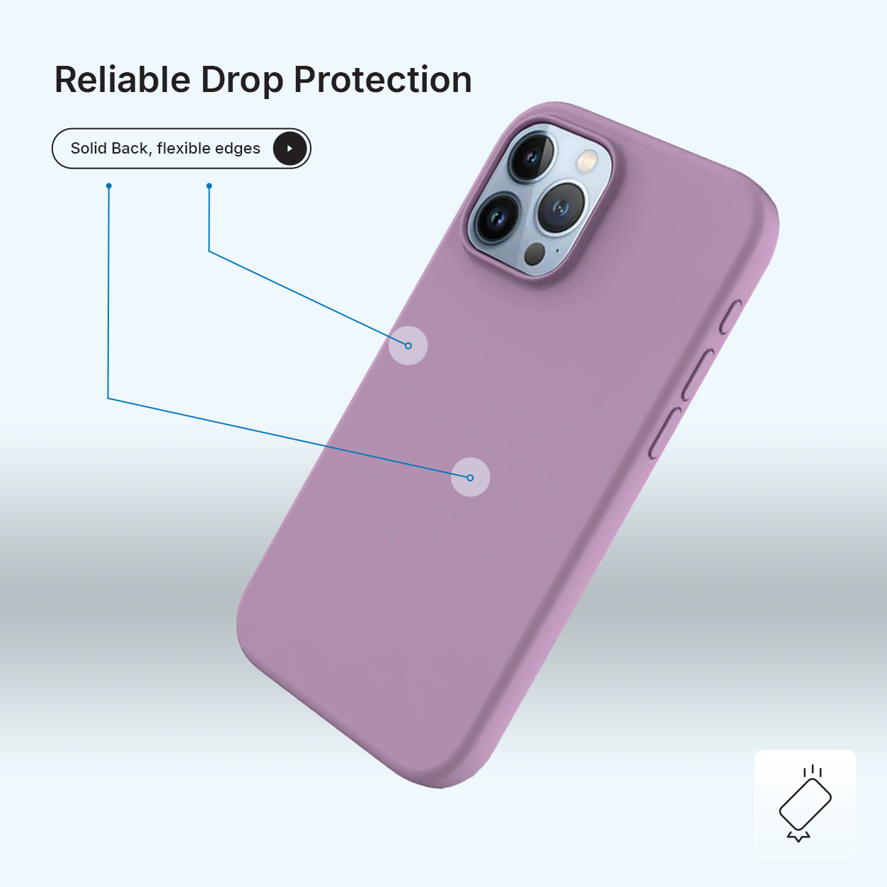 Un étui de téléphone violet avec un dos solide et des bords flexibles est affiché. Le texte indique une protection fiable contre les chutes.