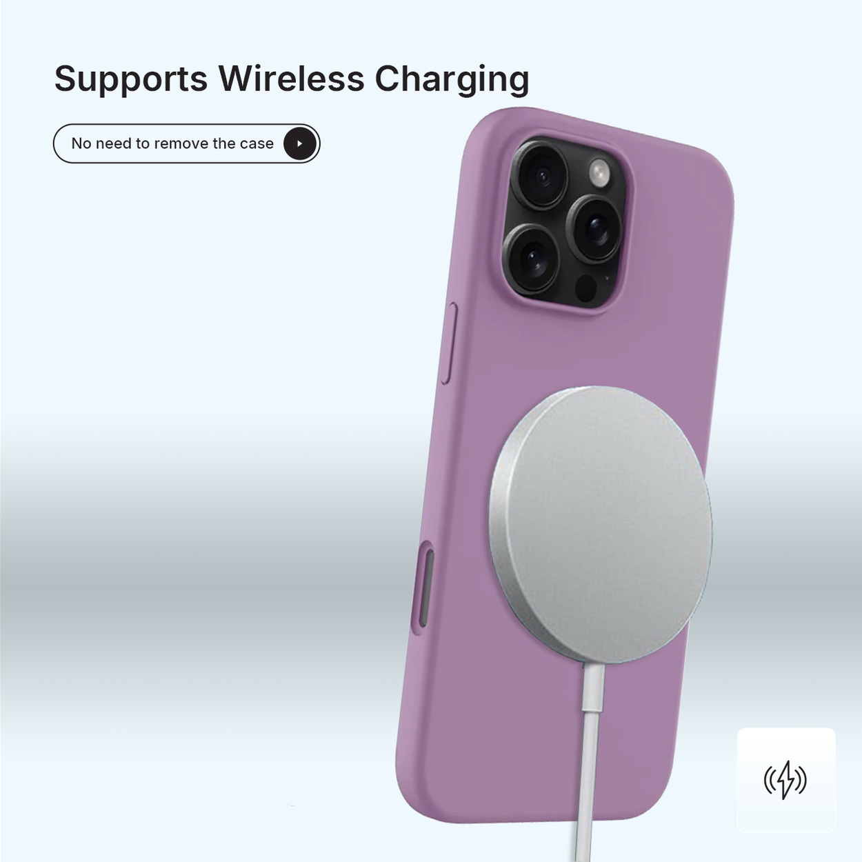 Een paarse telefoonhoes met een zilveren oplaadschijf eraan. Tekst: Ondersteunt draadloos opladen. De hoes hoeft niet verwijderd te worden.