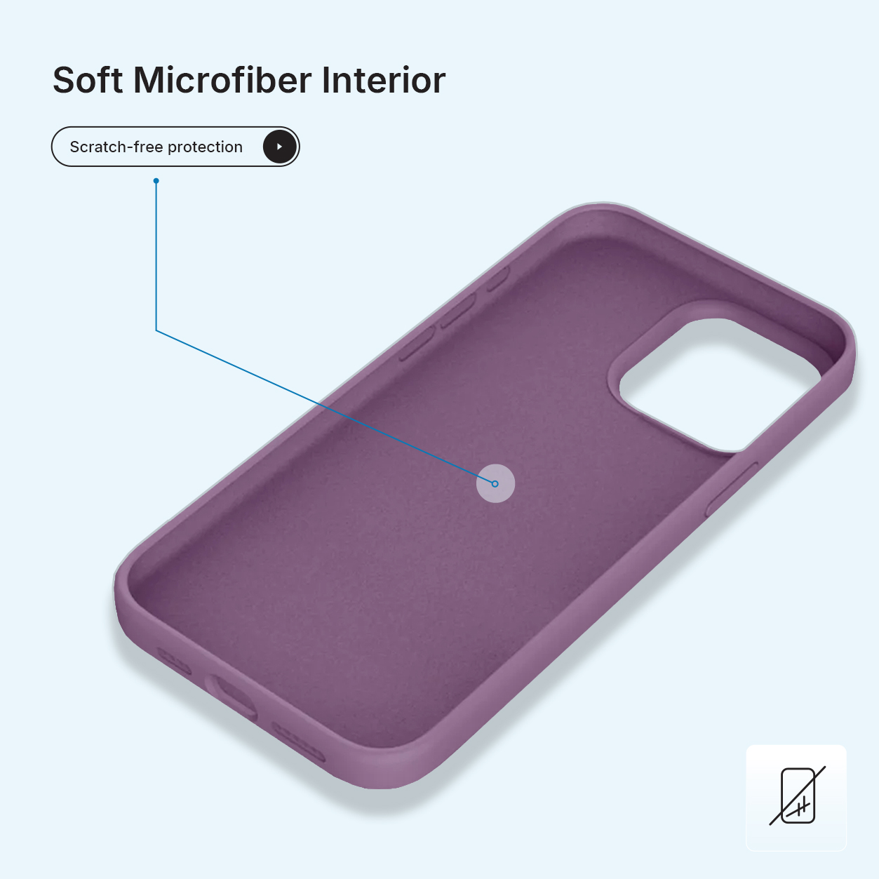 Een paarse telefoonhoes, met een zachte microvezel binnenkant, op een lichtblauwe achtergrond. De hoes heeft krasvrije bescherming.